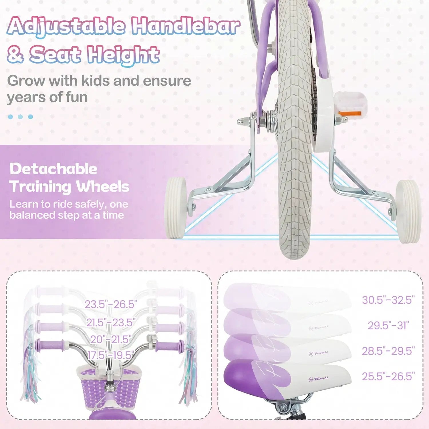 Kids Bike 12-20 Inch with Training Wheels & Basket Purple by DirectDeals