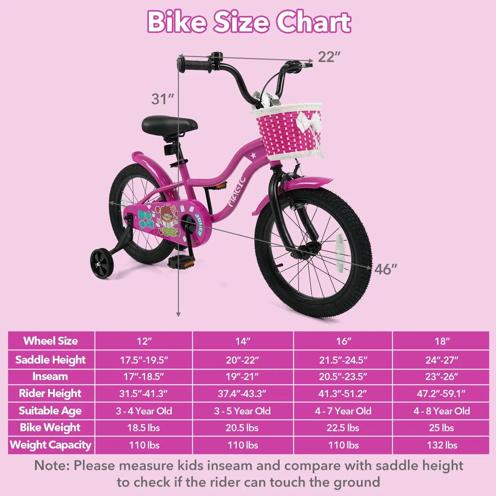 Kids Bike with Training Wheels 12-18 Inch - Magic Rose by DirectDeals