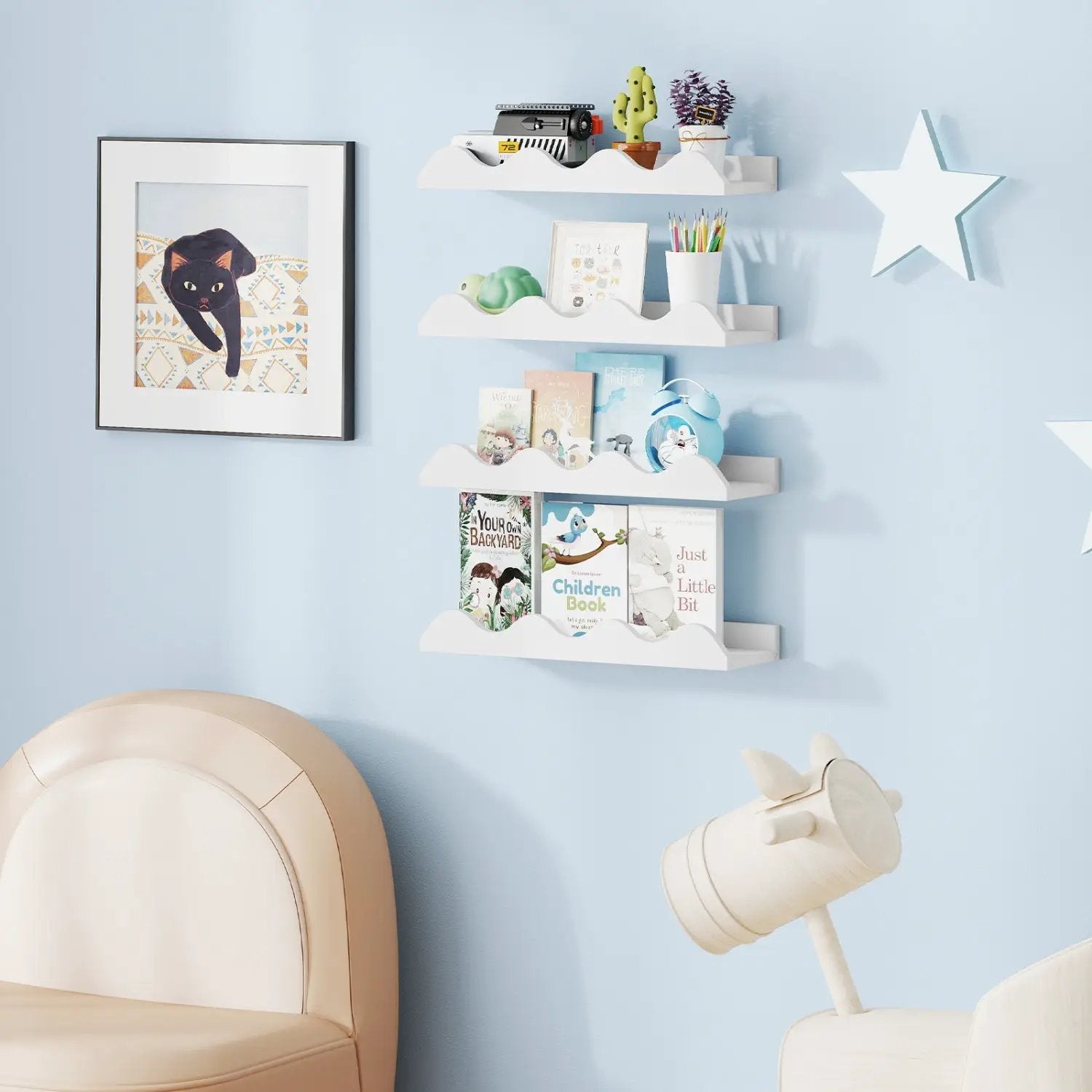 Floating Nursery Book Shelves Set of 4 - White Fir Wood by DirectDeals