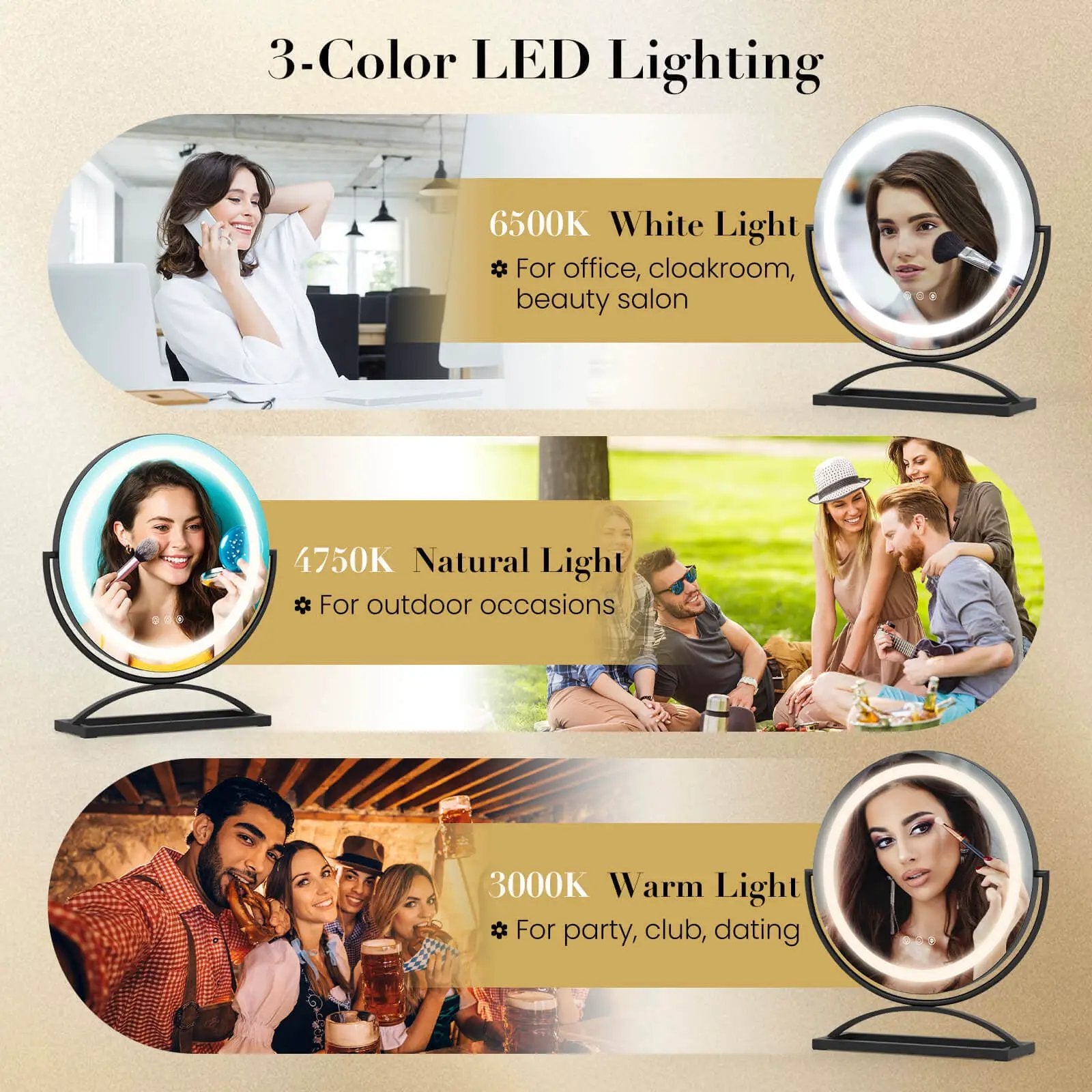 16 Inch Round Makeup Vanity Mirror with 3 Color Dimmable LED Lighting by DirectDeals