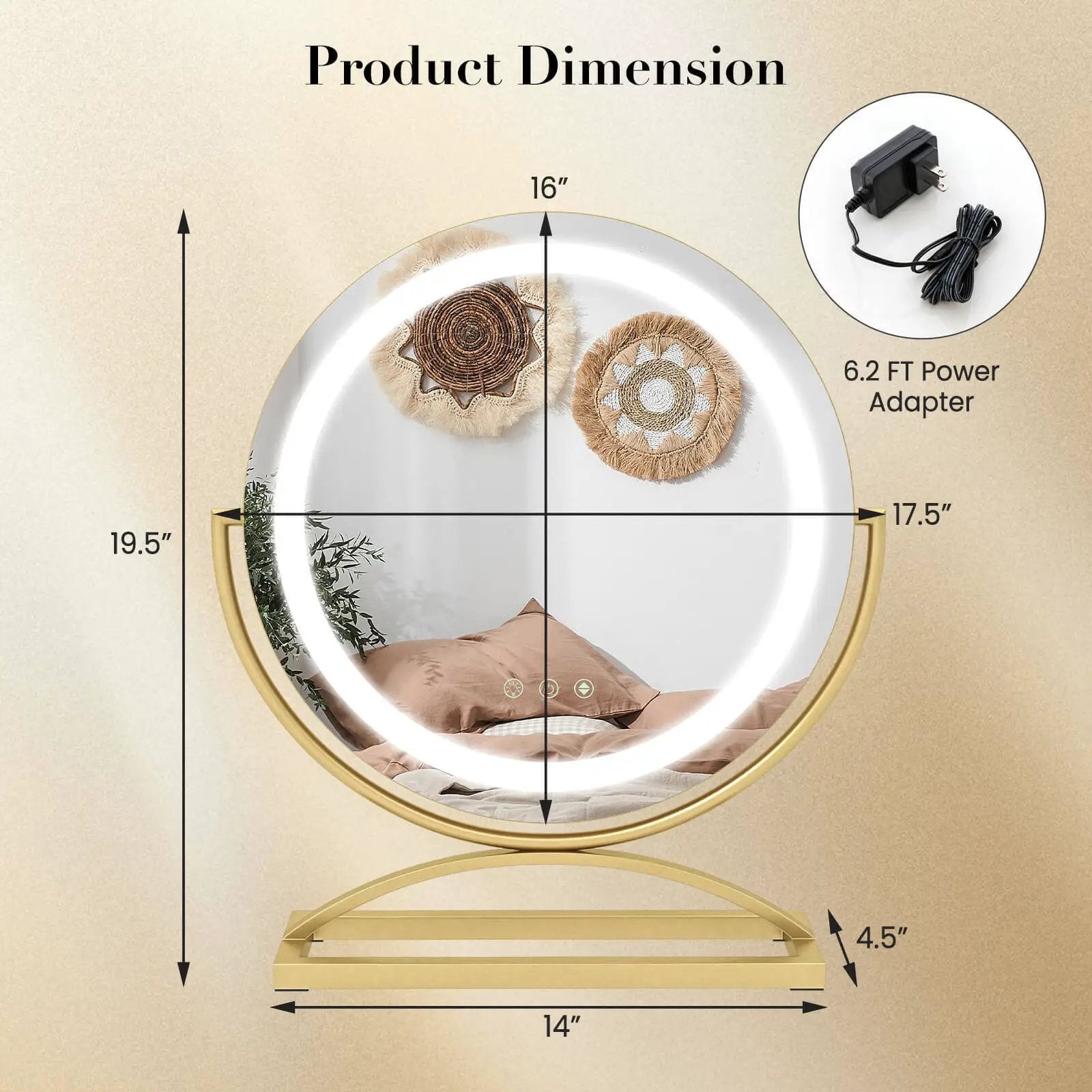 16 Inch Round Makeup Vanity Mirror with 3 Color Dimmable LED Lighting by DirectDeals