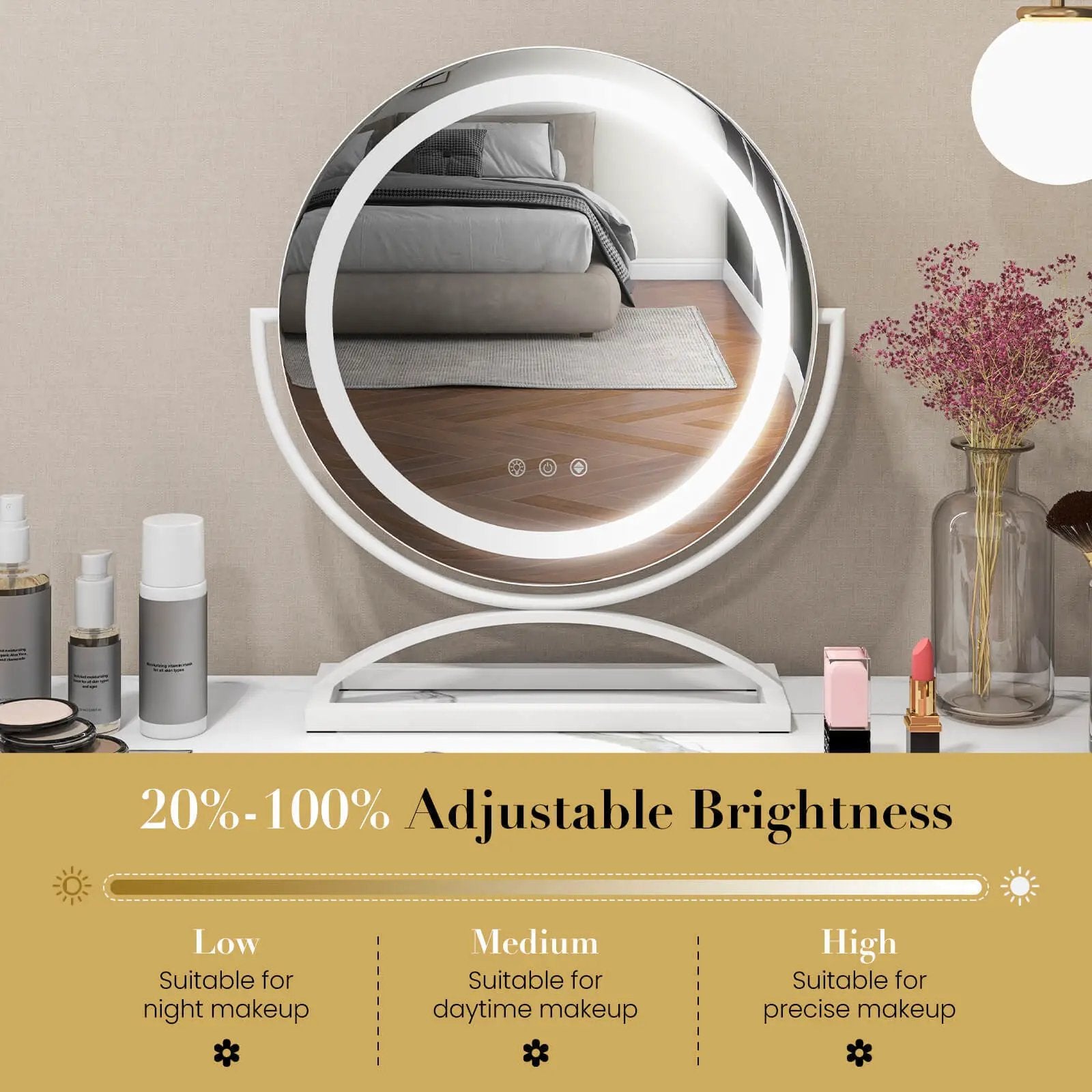 16 Inch Round Makeup Vanity Mirror with 3 Color Dimmable LED Lighting by DirectDeals