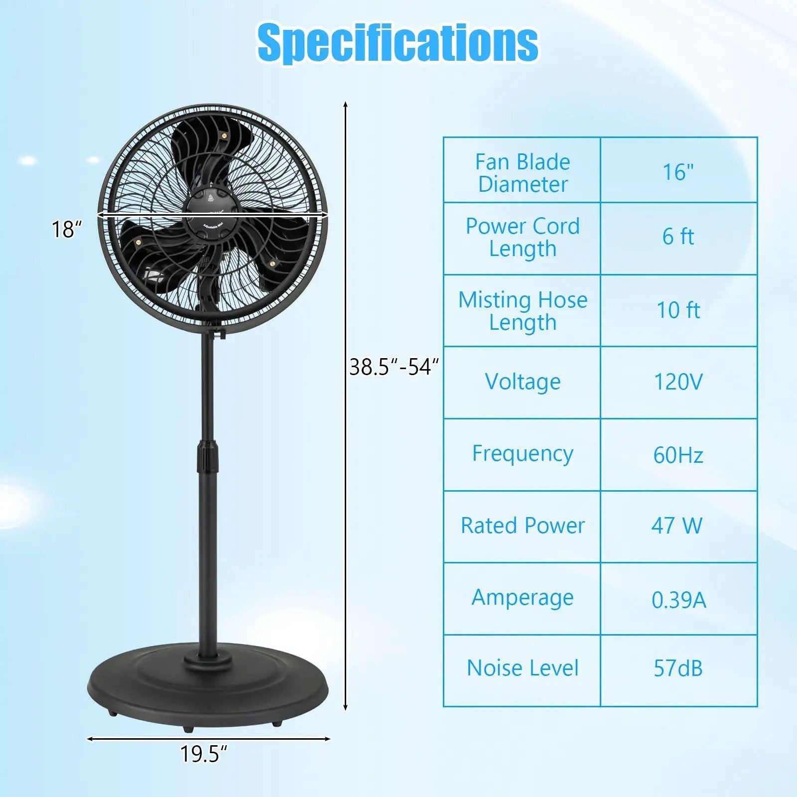 16 Inch Outdoor Misting Fan Oscillating Pedestal Fan with 3 Mist Levels-Black by DirectDeals