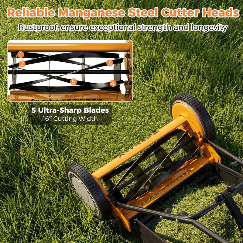 16 Inch Push Lawn Mower with 5 Steel Blades and Grass Catcher Bag by DirectDeals