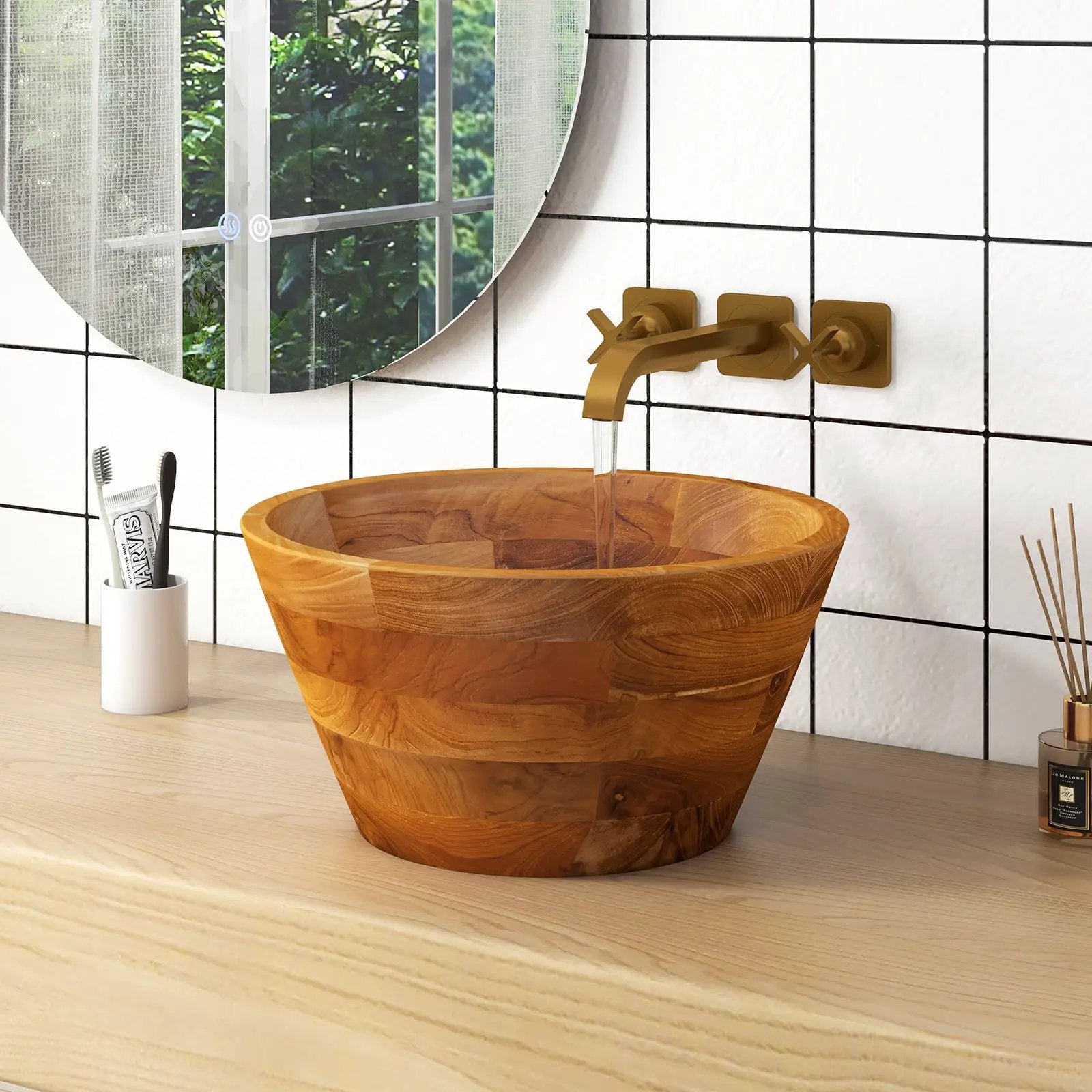 16 Inch Teak Wood Washbasin with Drainage Hole and Smooth Finish by DirectDeals