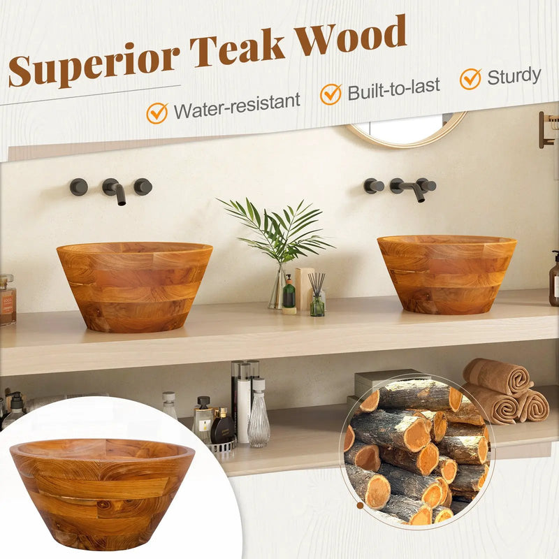 16 Inch Teak Wood Washbasin with Drainage Hole and Smooth Finish by DirectDeals