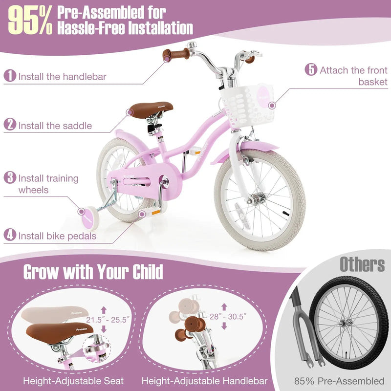 16 Inch Kids Bike with Front Handbrake and 2 Training Wheels-Purple by DirectDeals
