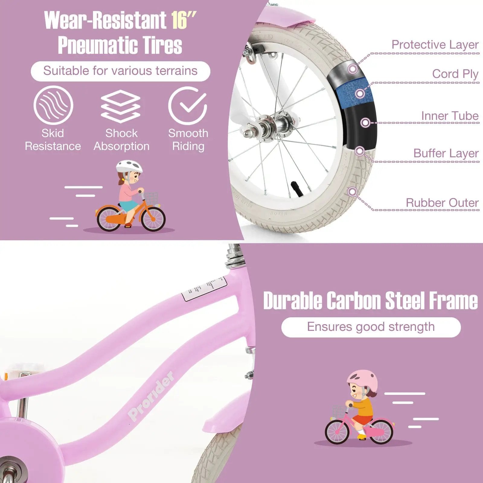 16 Inch Kids Bike with Front Handbrake and 2 Training Wheels-Purple by DirectDeals