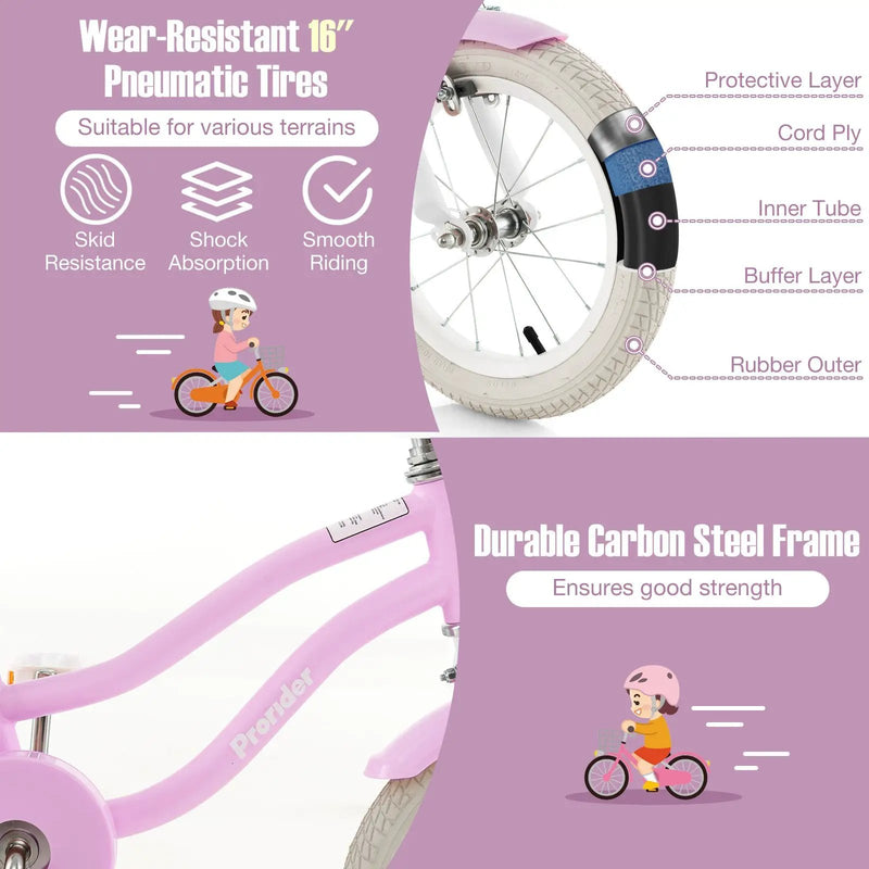 16 Inch Kids Bike with Front Handbrake and 2 Training Wheels-Purple by DirectDeals