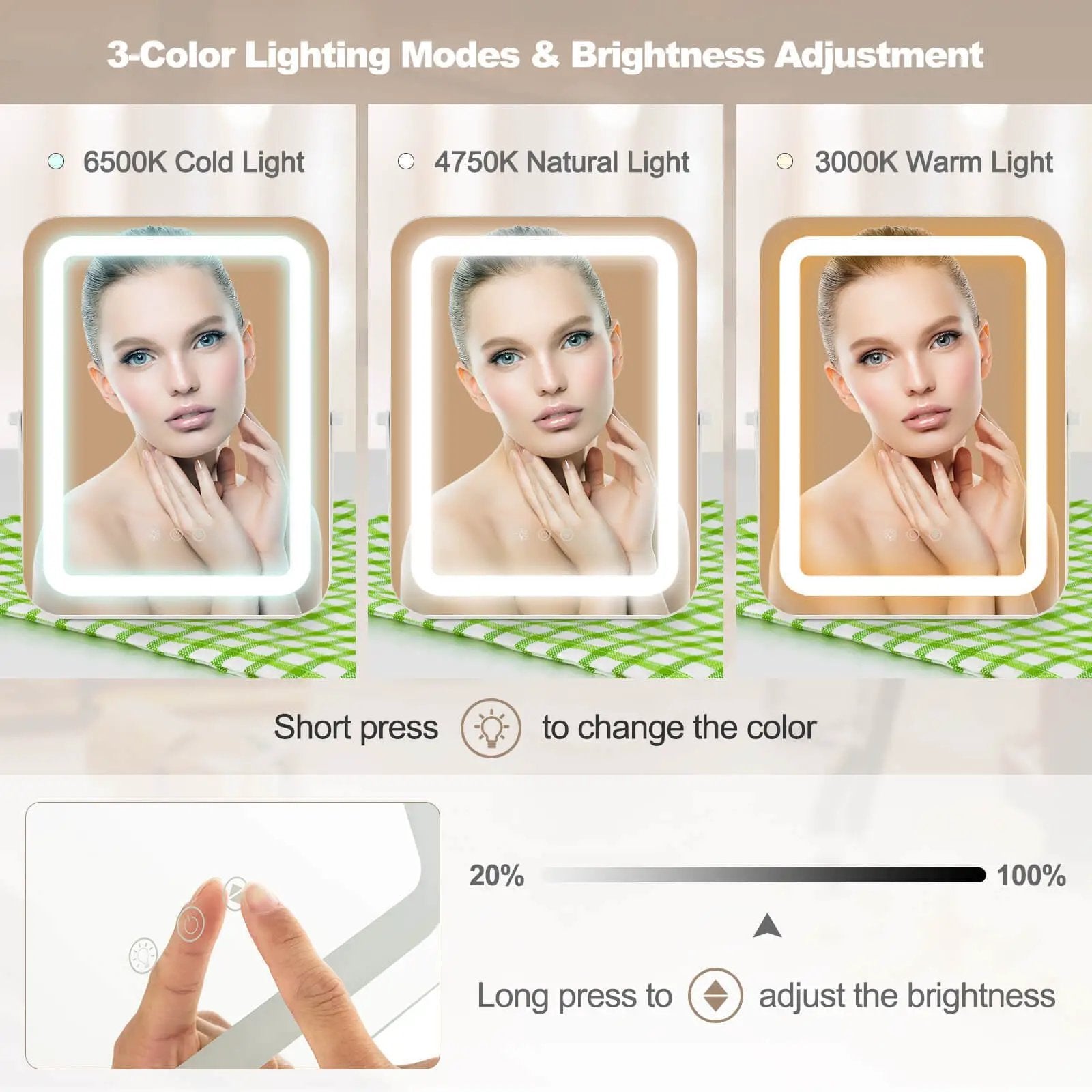 16 x 12 Inch Rectangular Vanity Makeup Mirror with 3 Color Dimmable Lighting by DirectDeals