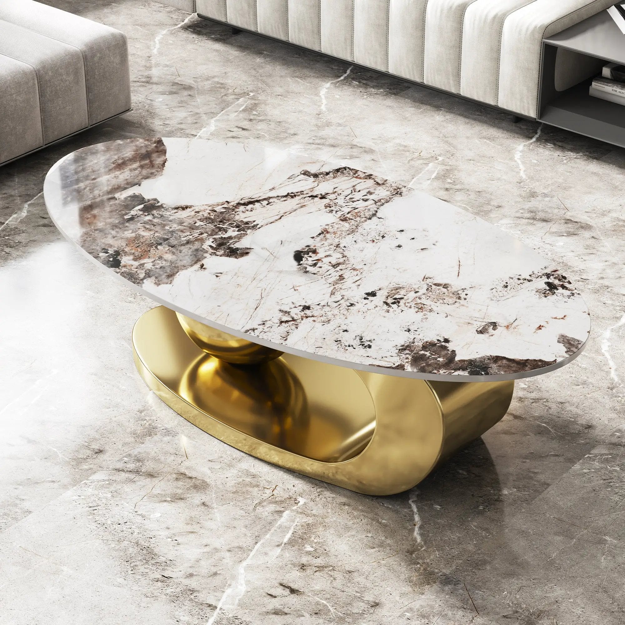 49.2 Inches Oval Faux Marble Coffee Table for Living Room with Stainless Steel Base by HouseOfZazla