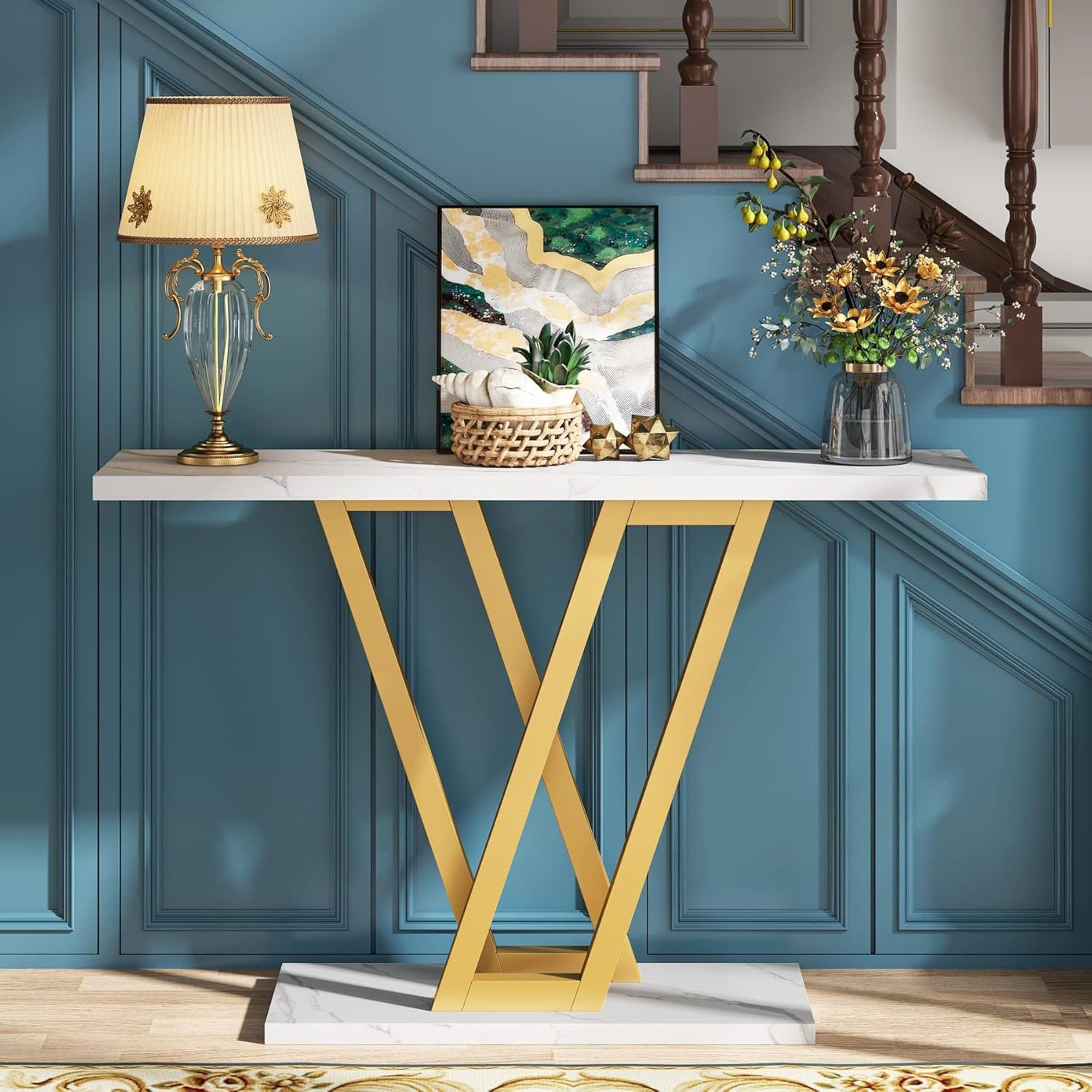 Console Table With Top With V Leg Frame For Hallway, Living Room - White / Gold by HouseOfZazla