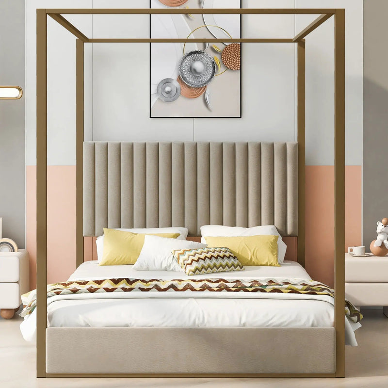 Upholstered Canopy Platform Bed With Frame, Queen Size - Beige by HouseOfZazla