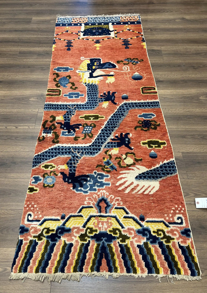 Rare Chinese Ningxia Pillar Rug 3x8, Late Qing Dynasty, 5 Clawed Dragon, Cloud Rainbow Border, Collectible Antique Carpet, Wool Hand Knotted by Jewel Rugs