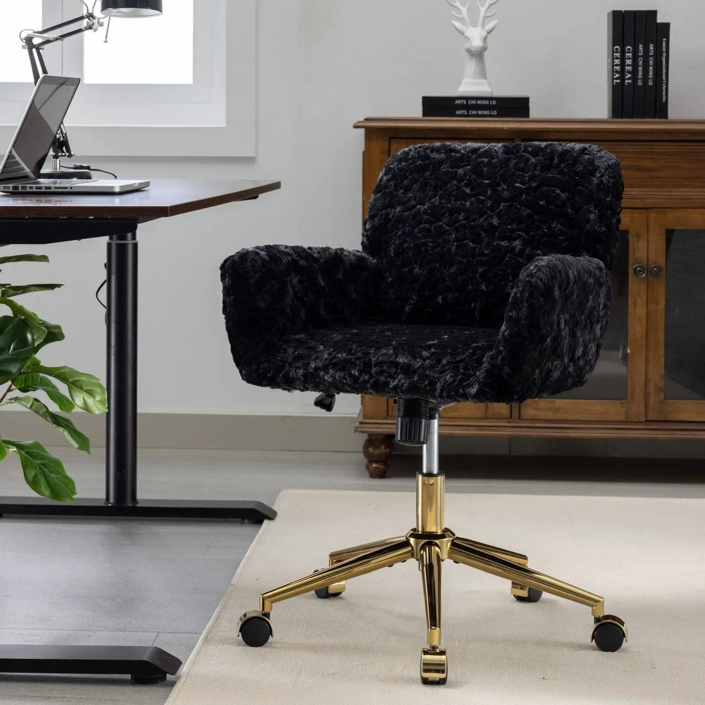 Office Chair, Artificial Rabbit Hair Home Office Chair With Metal Base, Adjustable Desk Chair Swivel Office Chair, Vanity Chair by HouseOfZazla