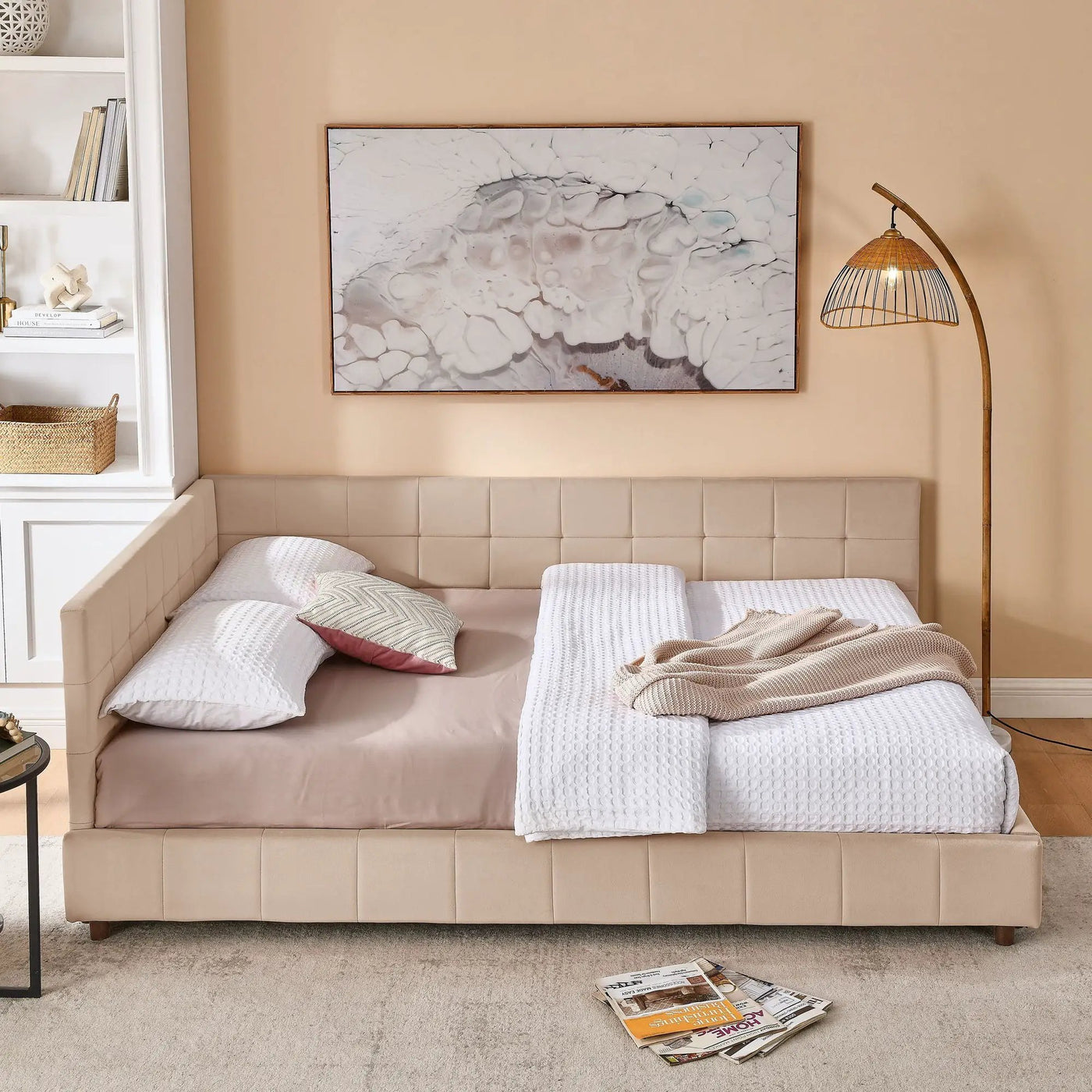 Mid-Century Storage Upholstered Tufted Bed Frame With Backrest And Armrests by Unique Piece Furniture