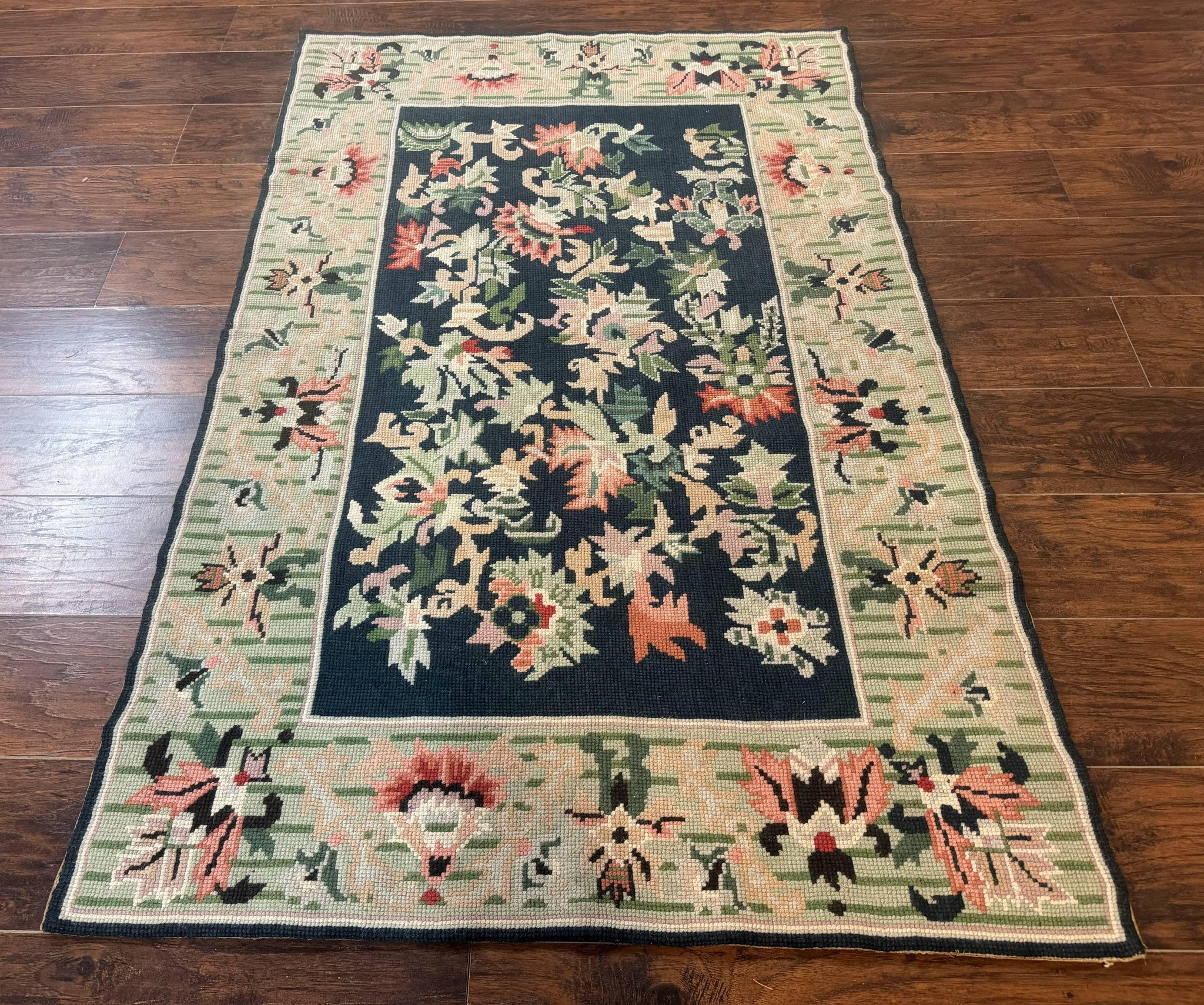 Vintage American Needlepoint Rug 4x6, Dark Green, Wool, Handmade, Flatweave Carpet by Jewel Rugs