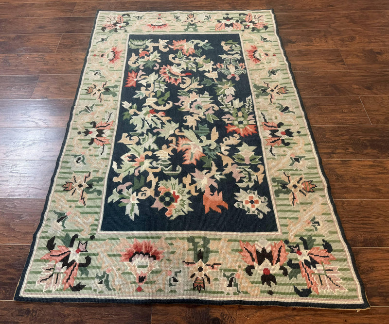 Vintage American Needlepoint Rug 4x6, Dark Green, Wool, Handmade, Flatweave Carpet by Jewel Rugs