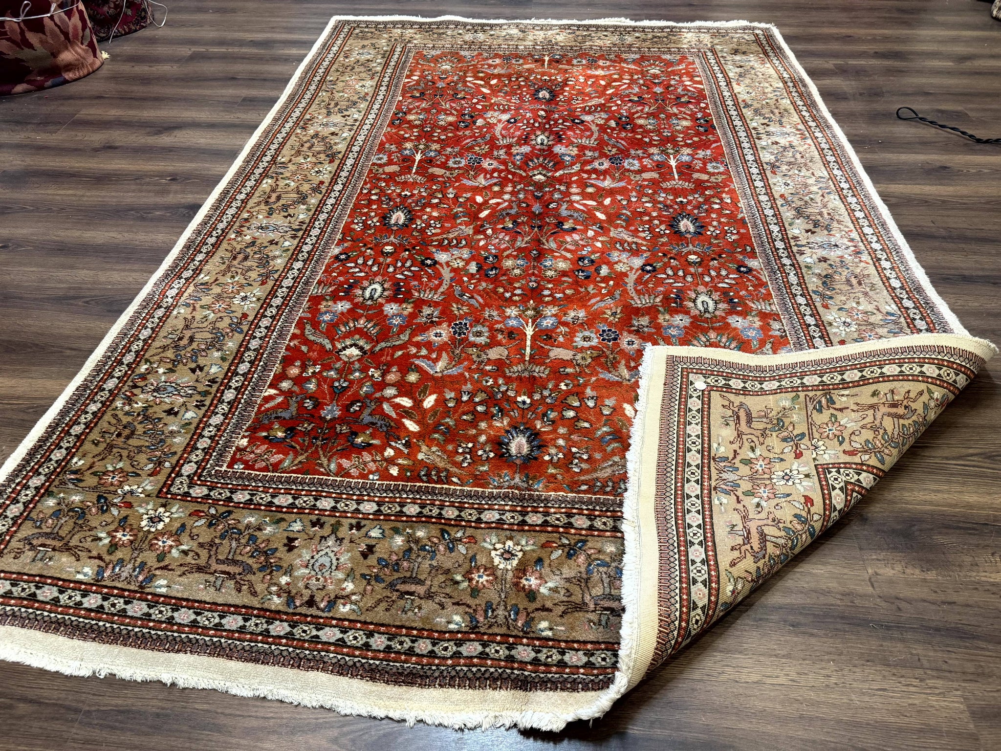 Persian Tabriz Rug 6x10, Burnt Orange and Tan, Animal Pictorials, Deer, Floral, Taba Tabae Carpet by Jewel Rugs