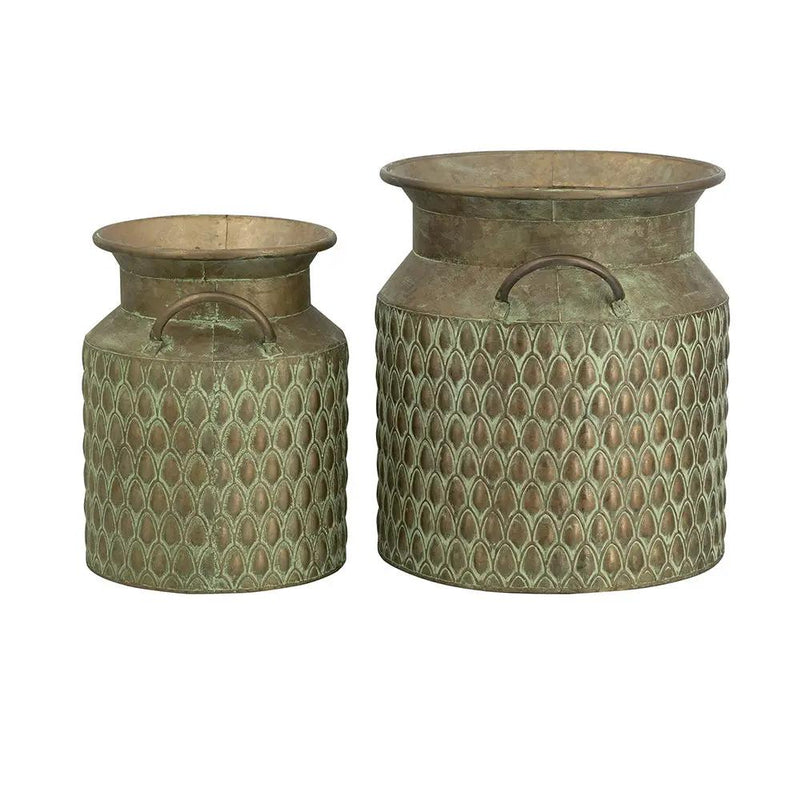 S/2 Iron Milk Jug Planters with Textured Green Finish by HouseOfZazla