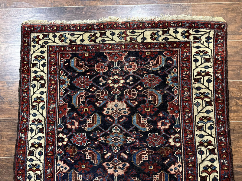 Navy Blue Antique Persian Rug 3x6, Blue and Ivory Persian Carpet, Handmade 1920s Hamadan Rug by Jewel Rugs