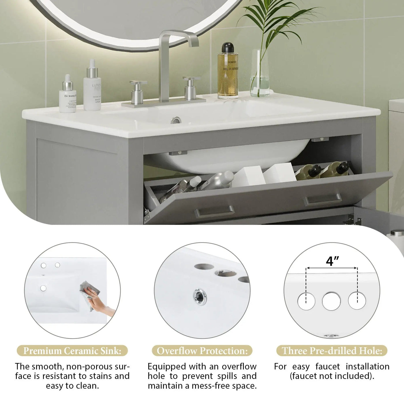 Bathroom Vanity With Ceramic Sink, Modern Single Bathroom Cabinet With 2 Doors And A Shelf, Soft Close Doors by HouseOfZazla