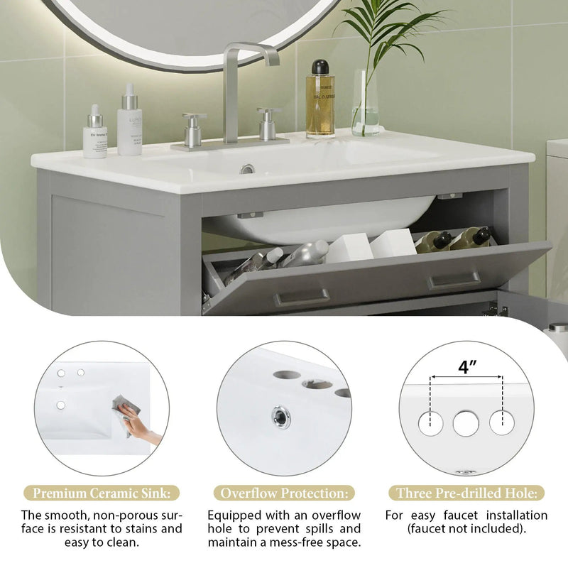 Bathroom Vanity With Ceramic Sink, Modern Single Bathroom Cabinet With 2 Doors And A Shelf, Soft Close Doors by HouseOfZazla