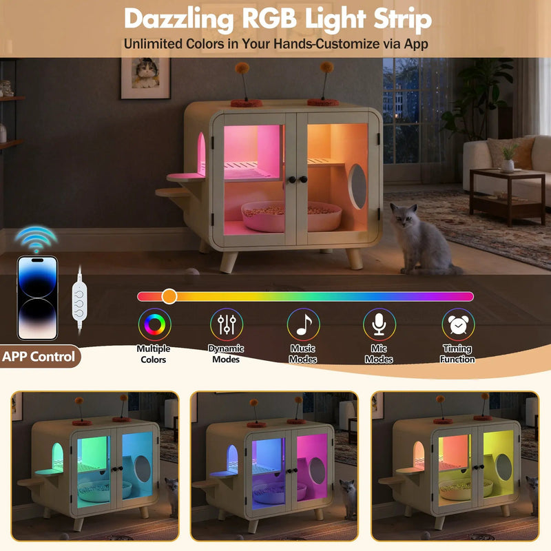 Cat Hidden Litter Box Enclosure with RGB LED Light and Glass Doors by HouseOfZazla