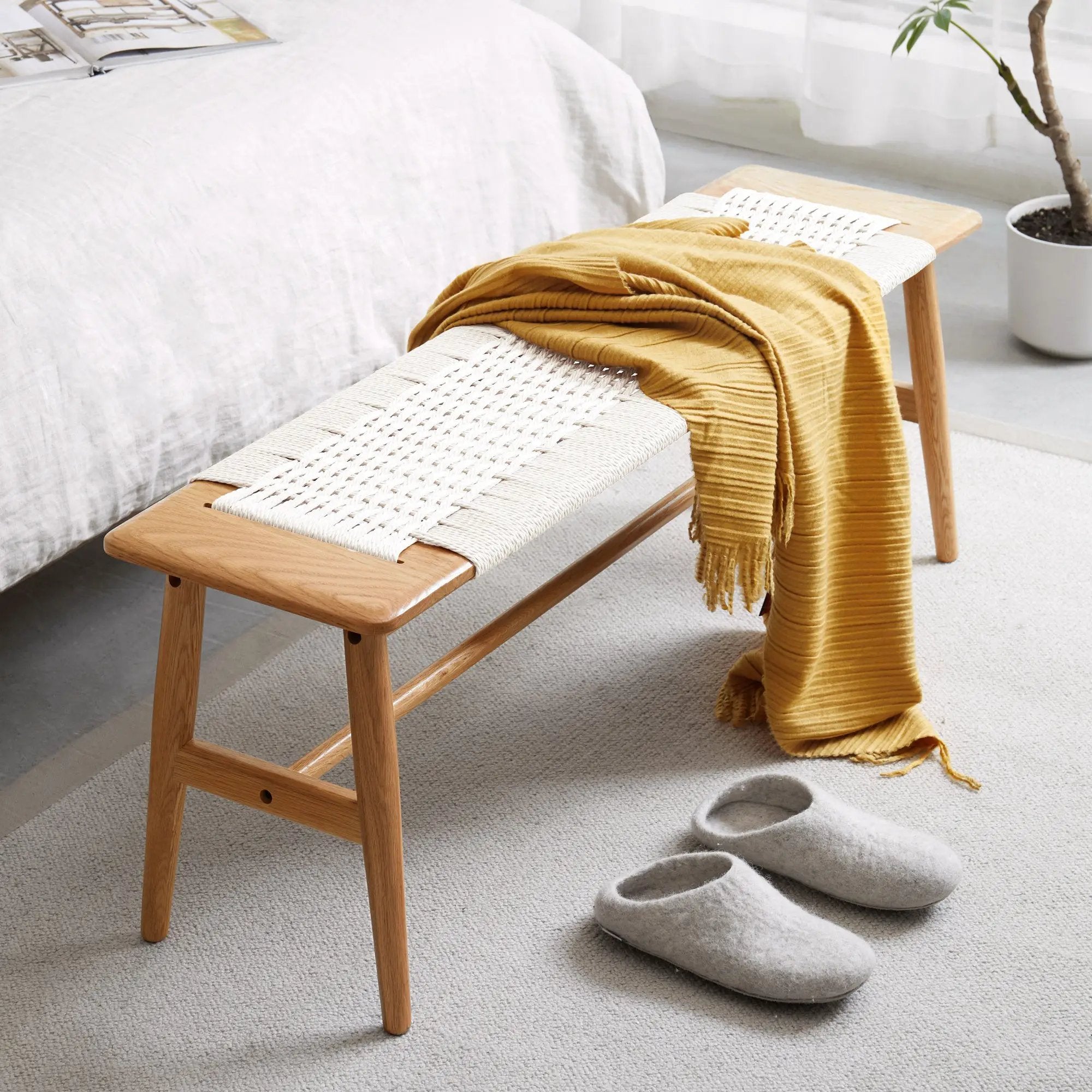 Design Natural Oak Wood Dining Bench with Handwoven Cane Seat in White by HouseOfZazla