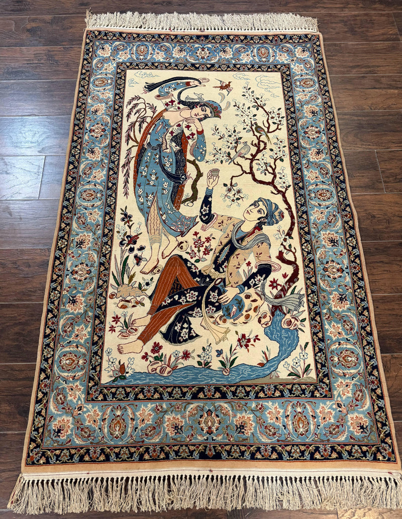 Persian Isfahan Pictorial Rug, Two Lovers, Kork Wool on Silk Foundation, Ivory and Light Blue, 500 KPSI Super Fine by Jewel Rugs