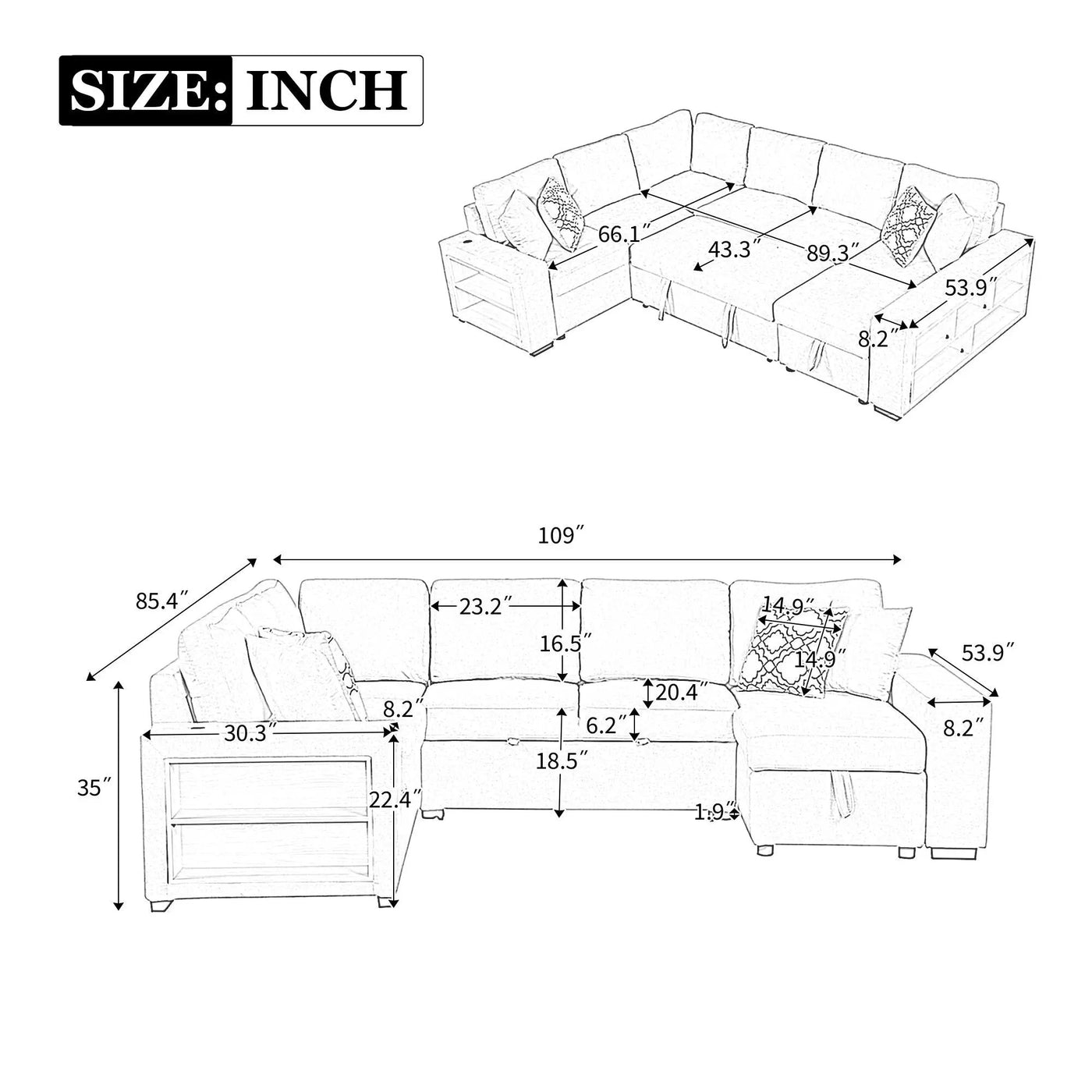 U-Shaped Sectional Sofa Pull-Out Sofa Bed With Two USB Ports, A Storage Chaise Lounge And Four Back Pillows For Living Room by HouseOfZazla
