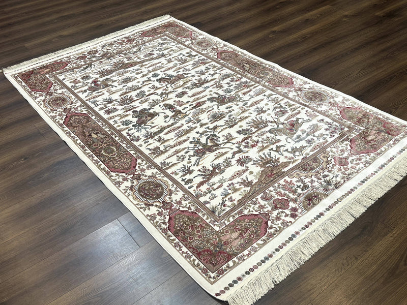 Turkish Silk Rug 5x8, Ivory, Hunting Design, Animal Pictorials, Bamboo Silk by Jewel Rugs