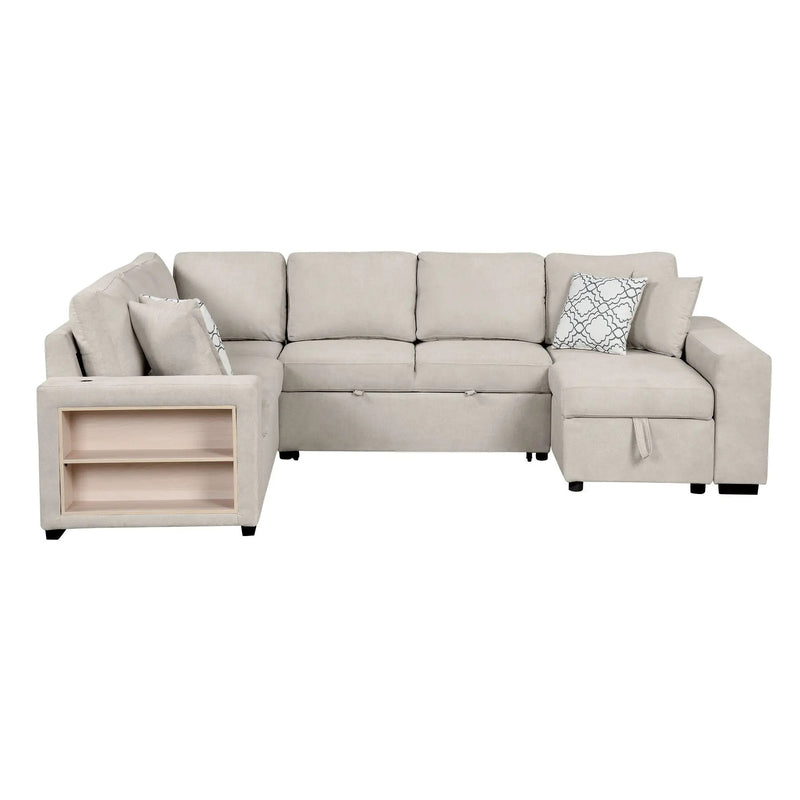 U-Shaped Sectional Sofa Pull-Out Sofa Bed With Two USB Ports, A Storage Chaise Lounge And Four Back Pillows For Living Room by HouseOfZazla