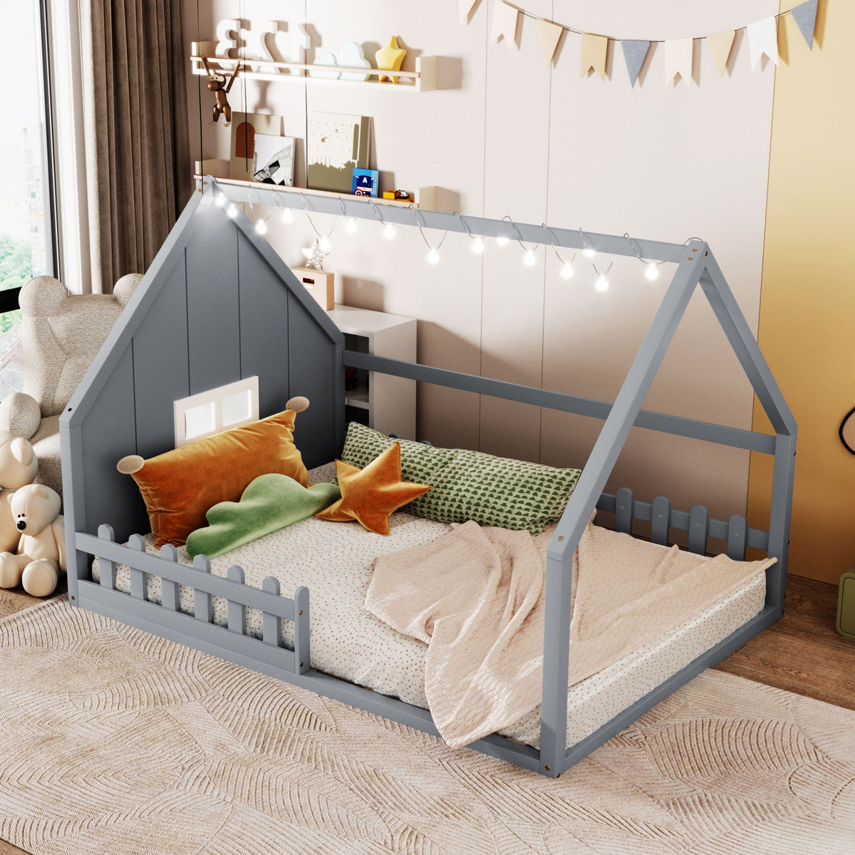 Full Size House Bed with Window and Fence - Solid Pine, photo 11 of 32