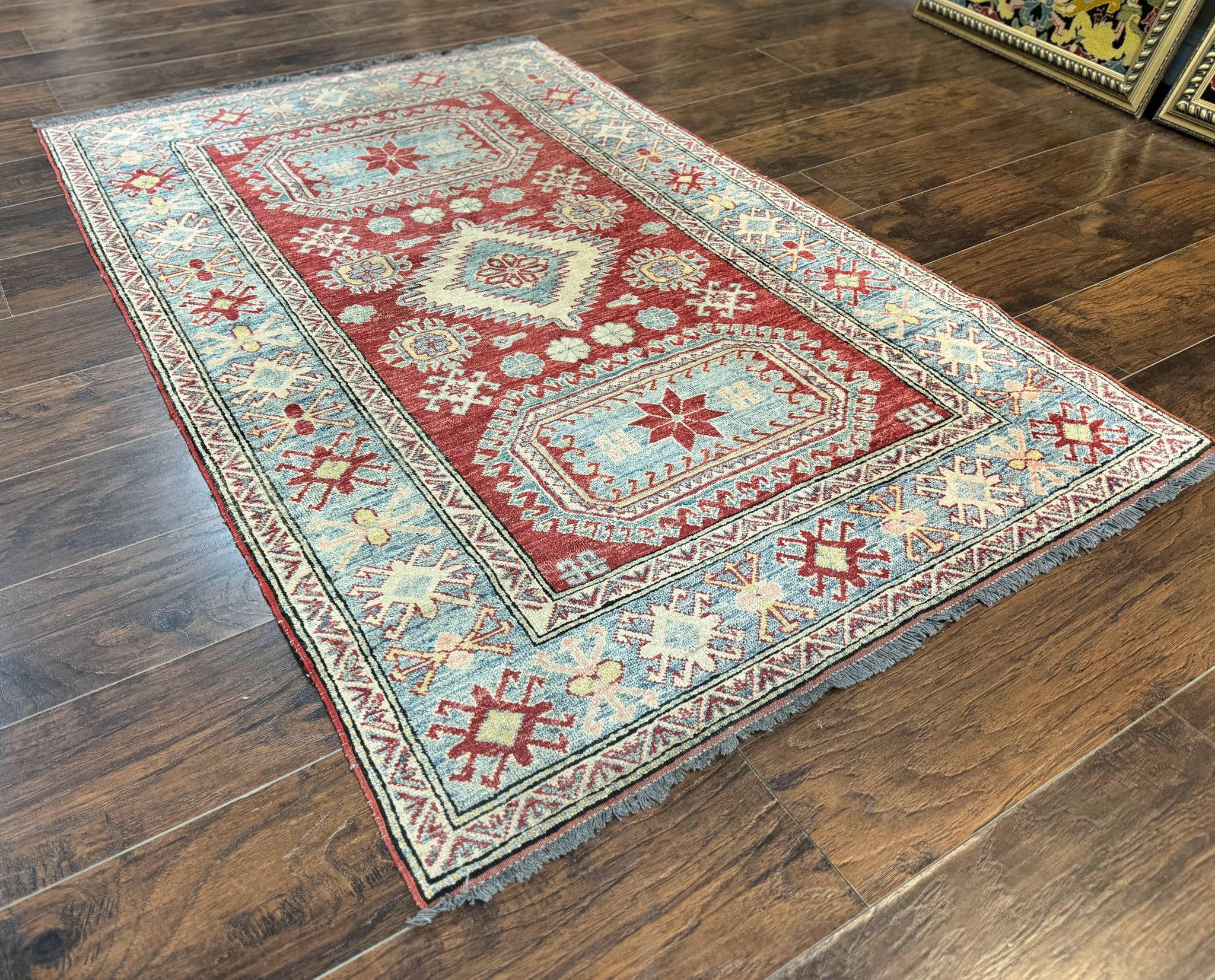 Turkish Kazak Rug 4x6, Handmade Vintage Wool Carpet, Geometric Design, Red and Light Blue by Jewel Rugs