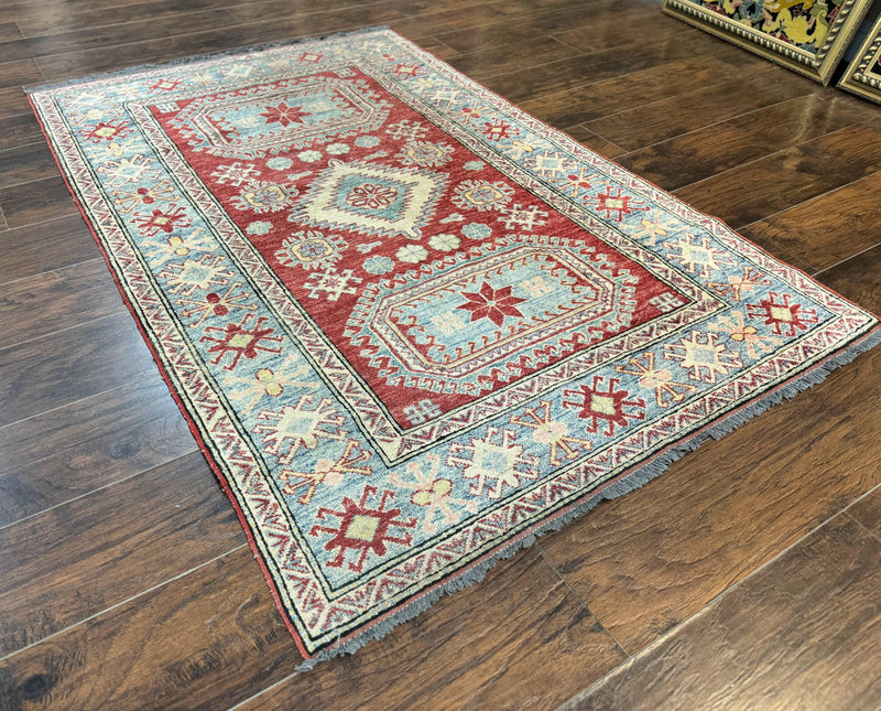 Turkish Kazak Rug 4x6, Handmade Vintage Wool Carpet, Geometric Design, Red and Light Blue by Jewel Rugs