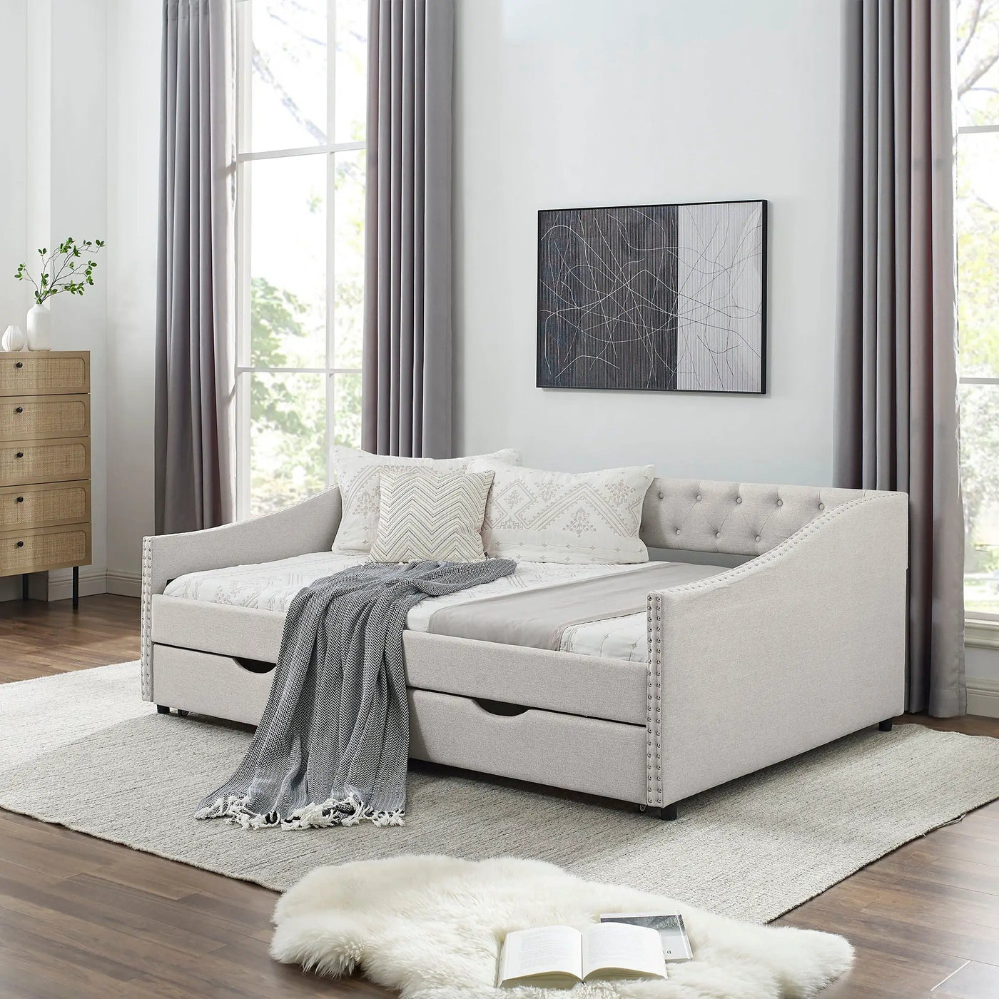 Upholstered Tufted Daybed With Drawers, Waved Arms by HouseOfZazla