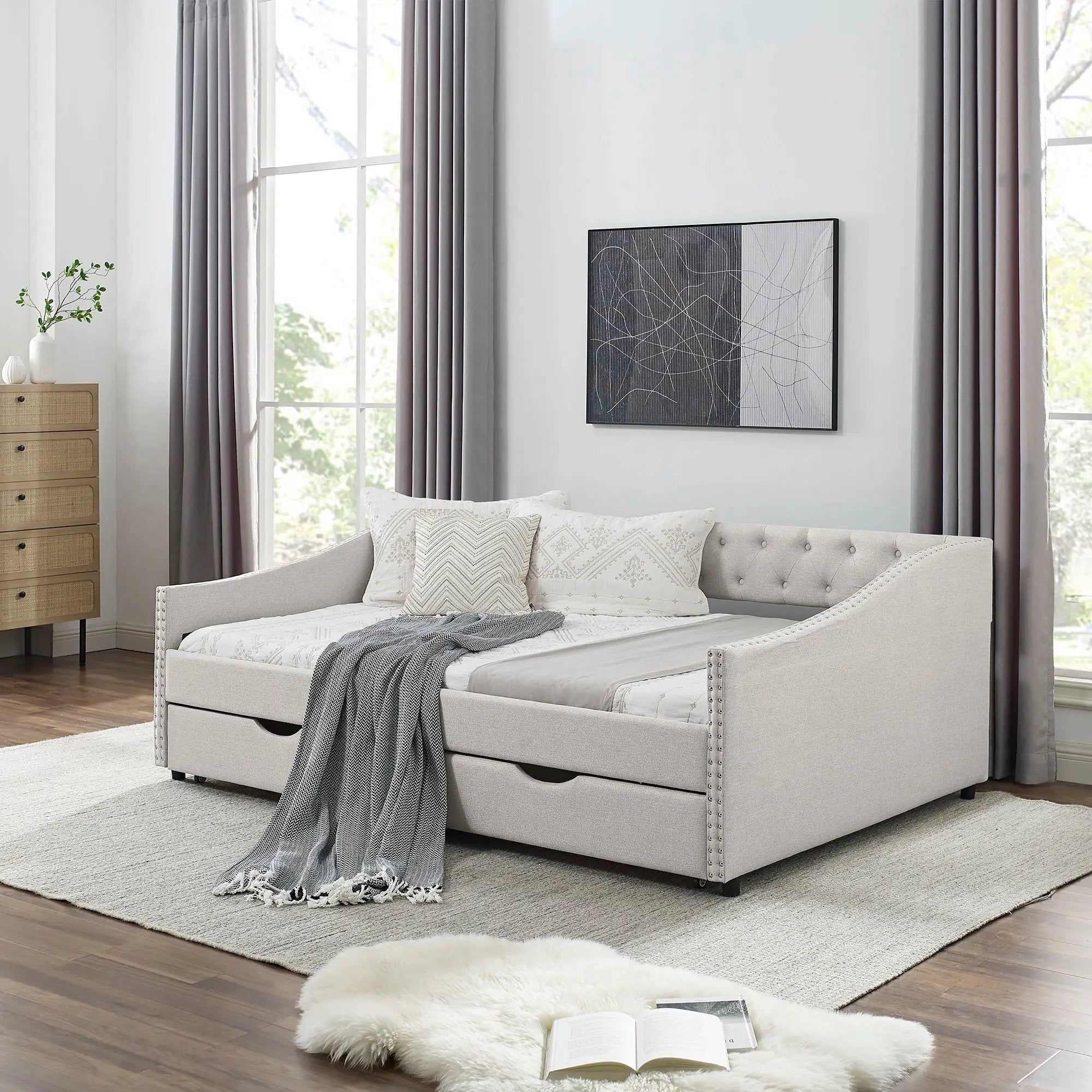 Upholstered Tufted Daybed With Drawers, Waved Arms by Unique Piece Furniture