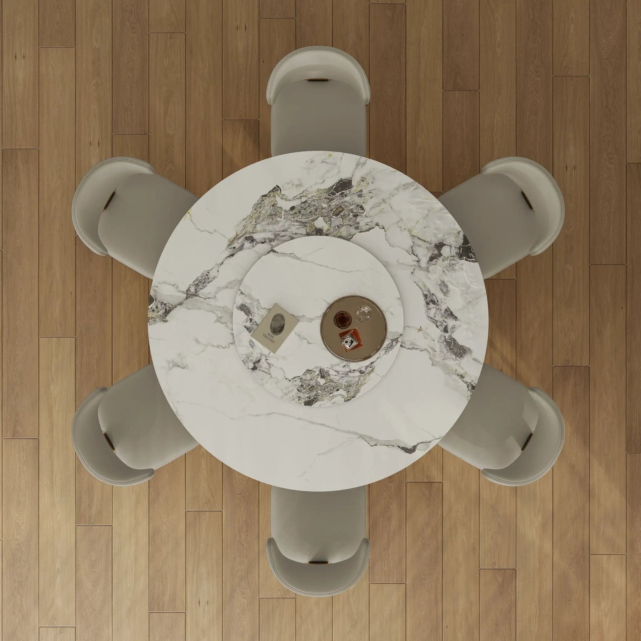 Luxury Round 59" Sintered Stone Dining Table With Stainless Steel Hourglass Base, Scratch & Heat Resistant Surface - Golden / White by HouseOfZazla