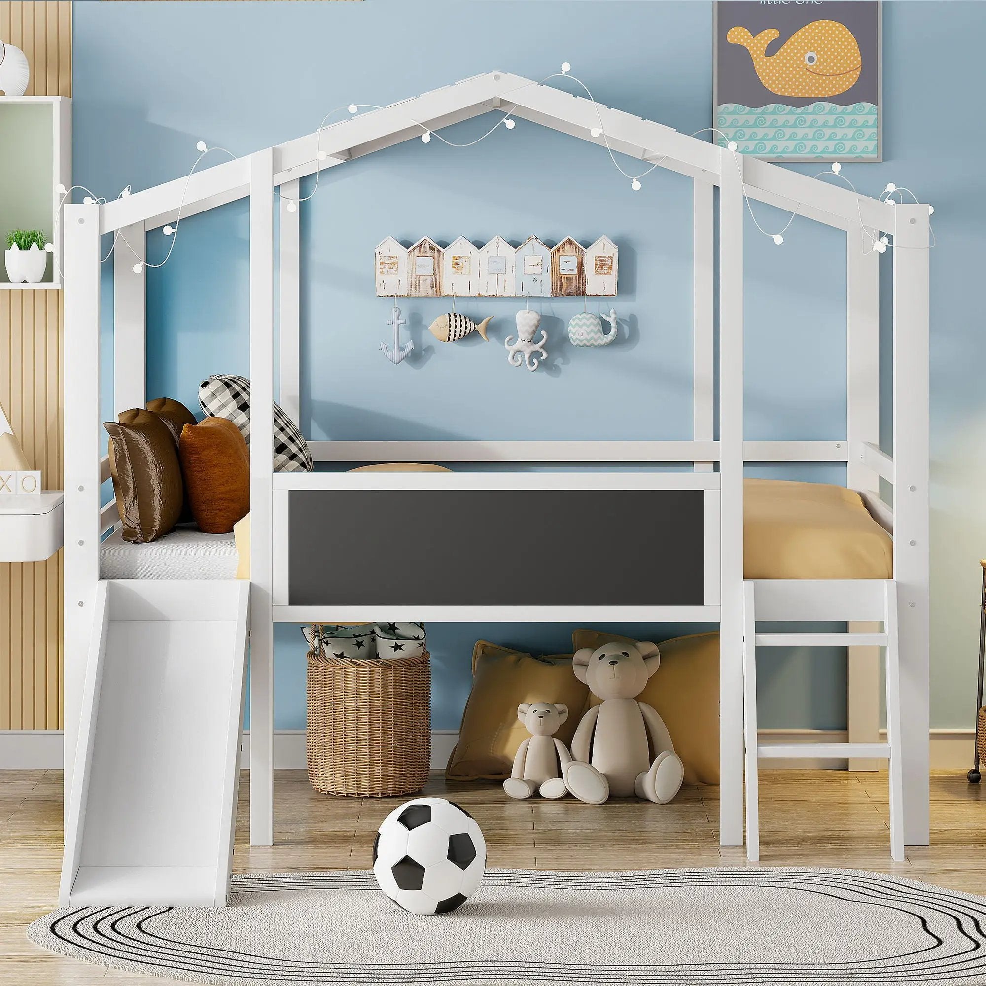Loft House Bed With Ladder And Slide, With board And Light Strip On The Roof by HouseOfZazla