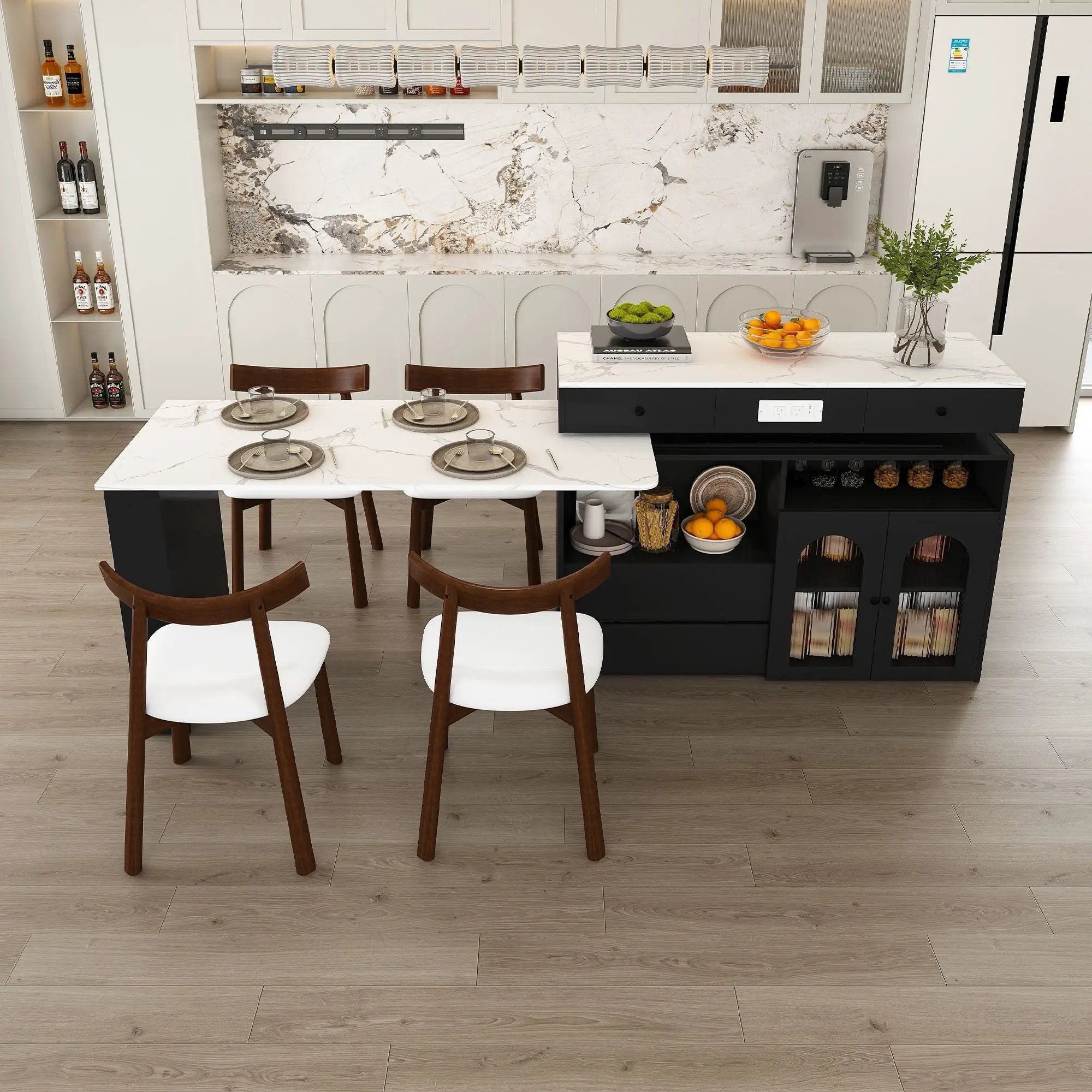 Retro Kitchen Island Set With Chairs, Extendable & Rotating Table, 4 Drawers & Door Cabinets by HouseOfZazla