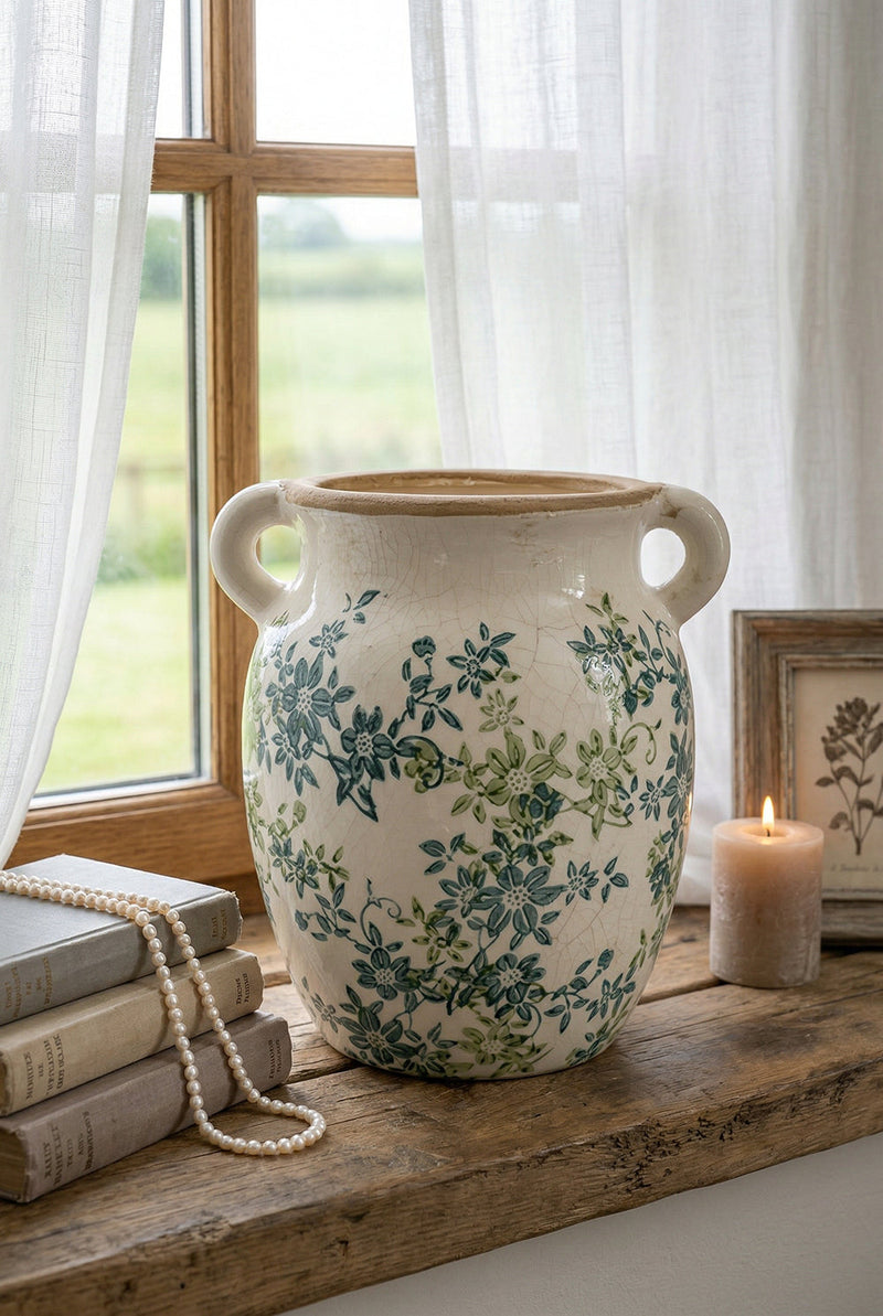 Floral Twin-Handle Vase with Wildflower Design - Ivory