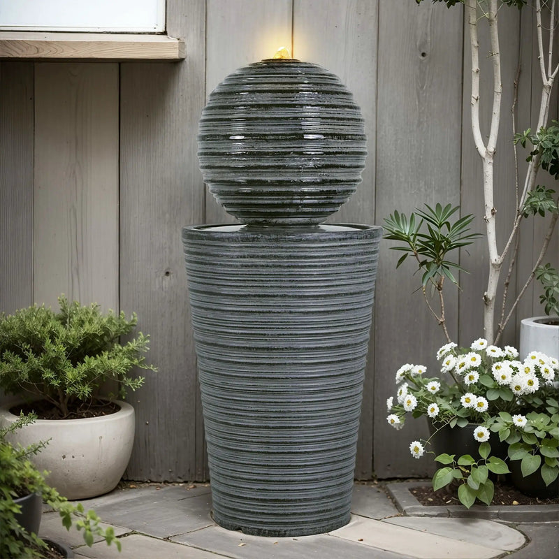 31.5" Tall Striped Column Fountain With LED Light Design For Outdoor Spaces - Gray by HouseOfZazla