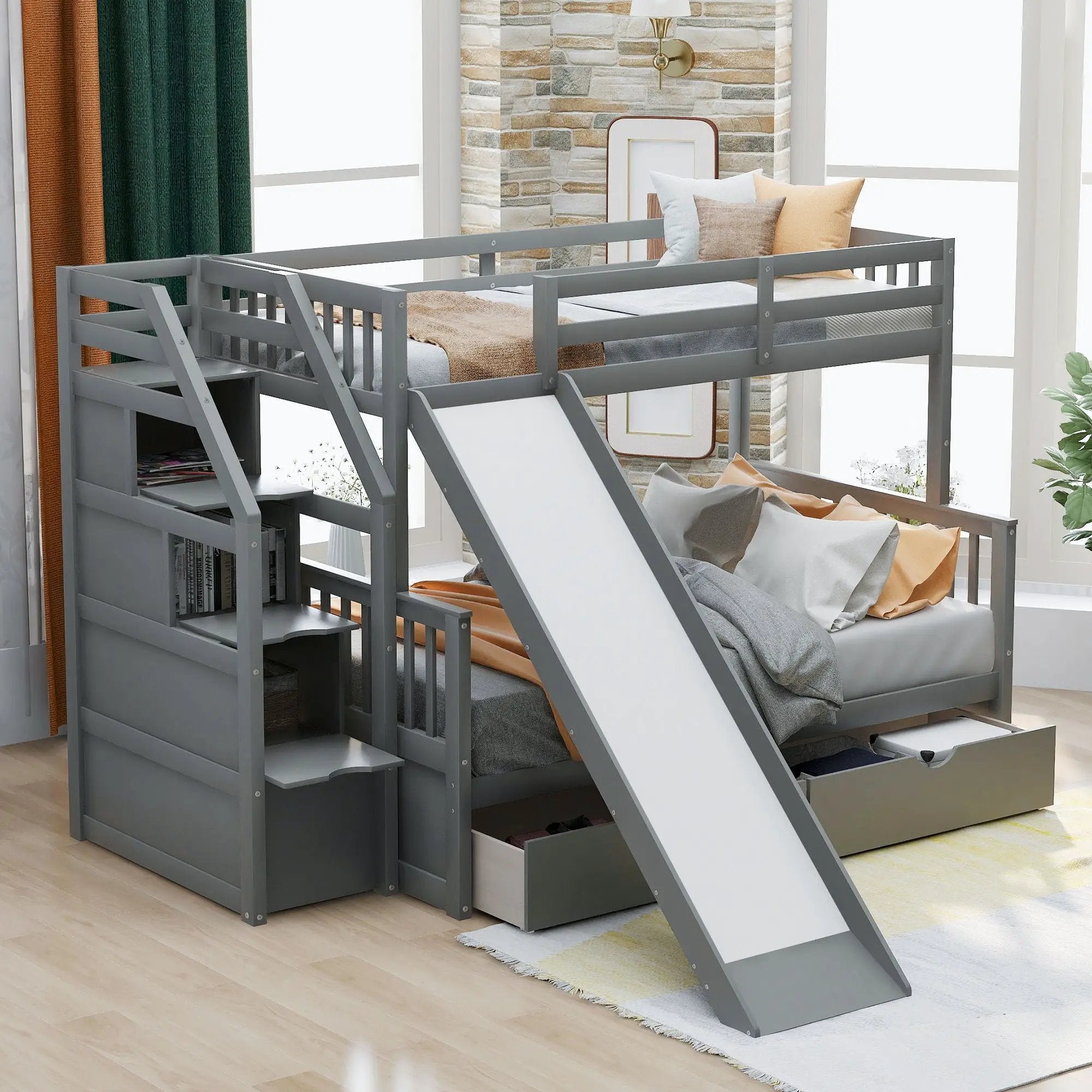 Bunk Bed With Storage Staircase, Slide, Desk, Drawers, And Shelves by HouseOfZazla