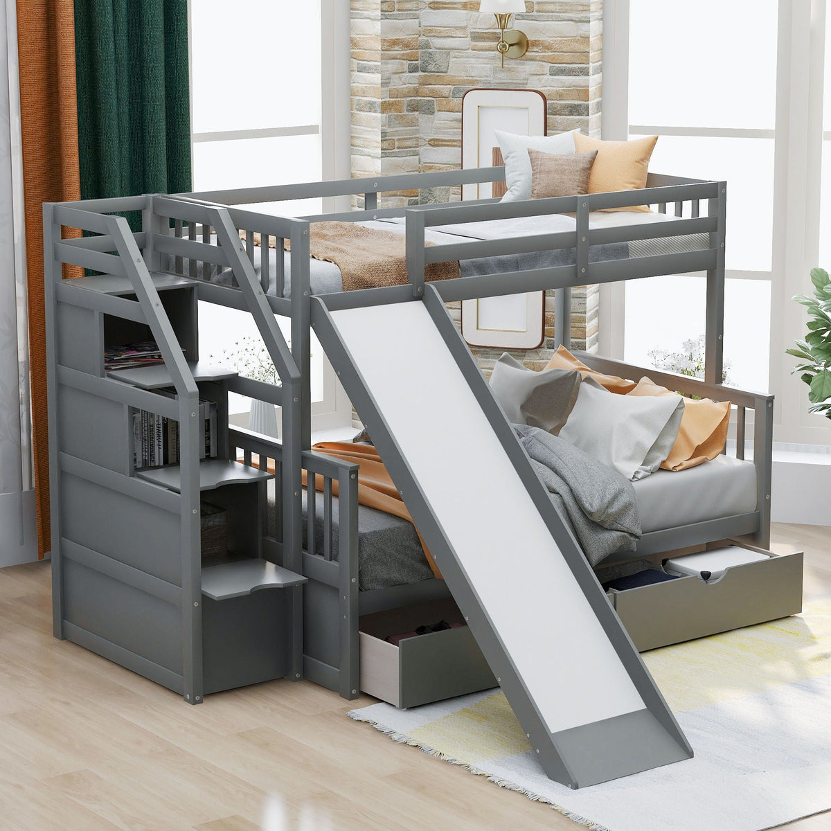 Bunk Bed with Storage Staircase, Slide & Desk - Twin or Full - Dark Gray or White, photo 7 of 40