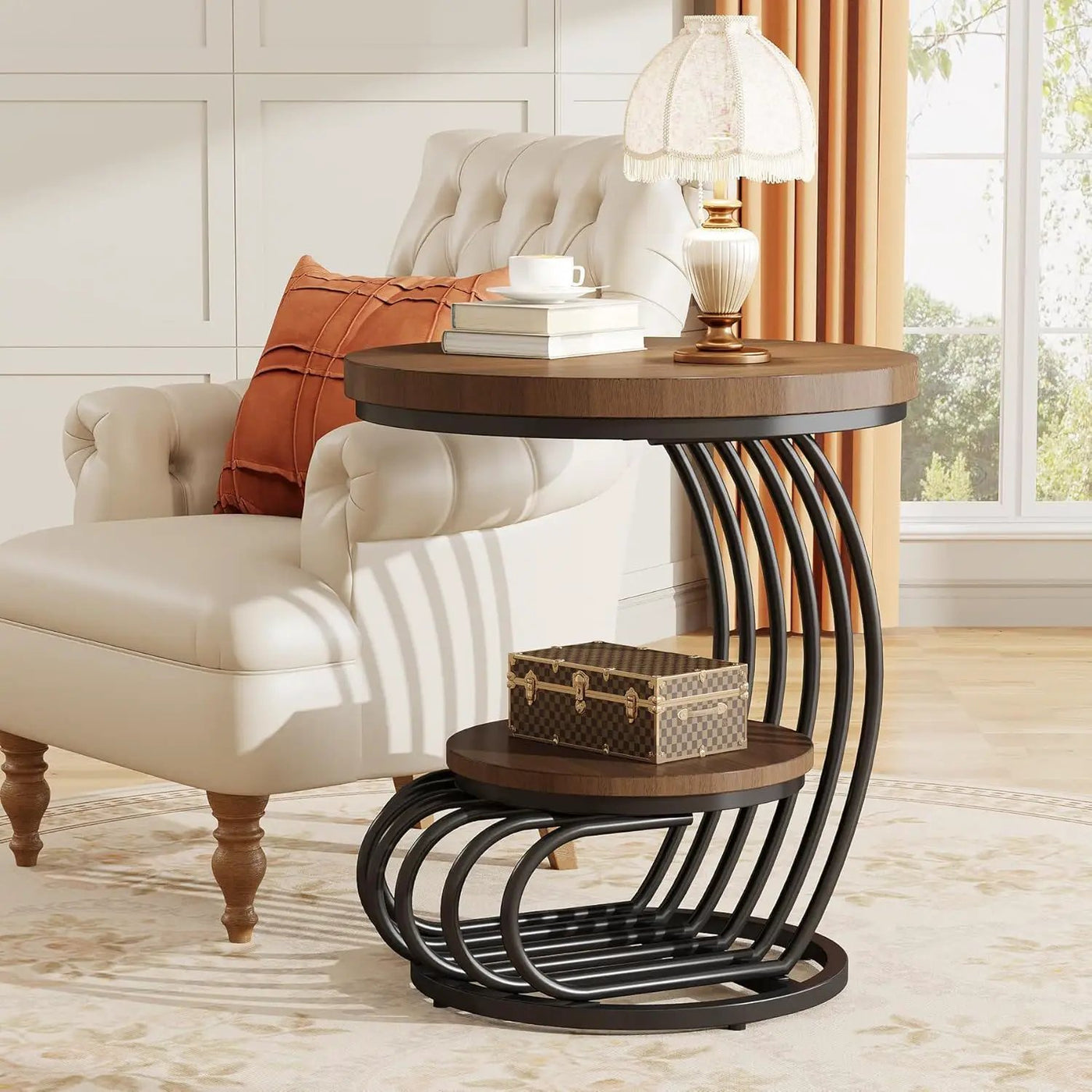 Round Vintage End Table With 2 Tier Storage by HouseOfZazla