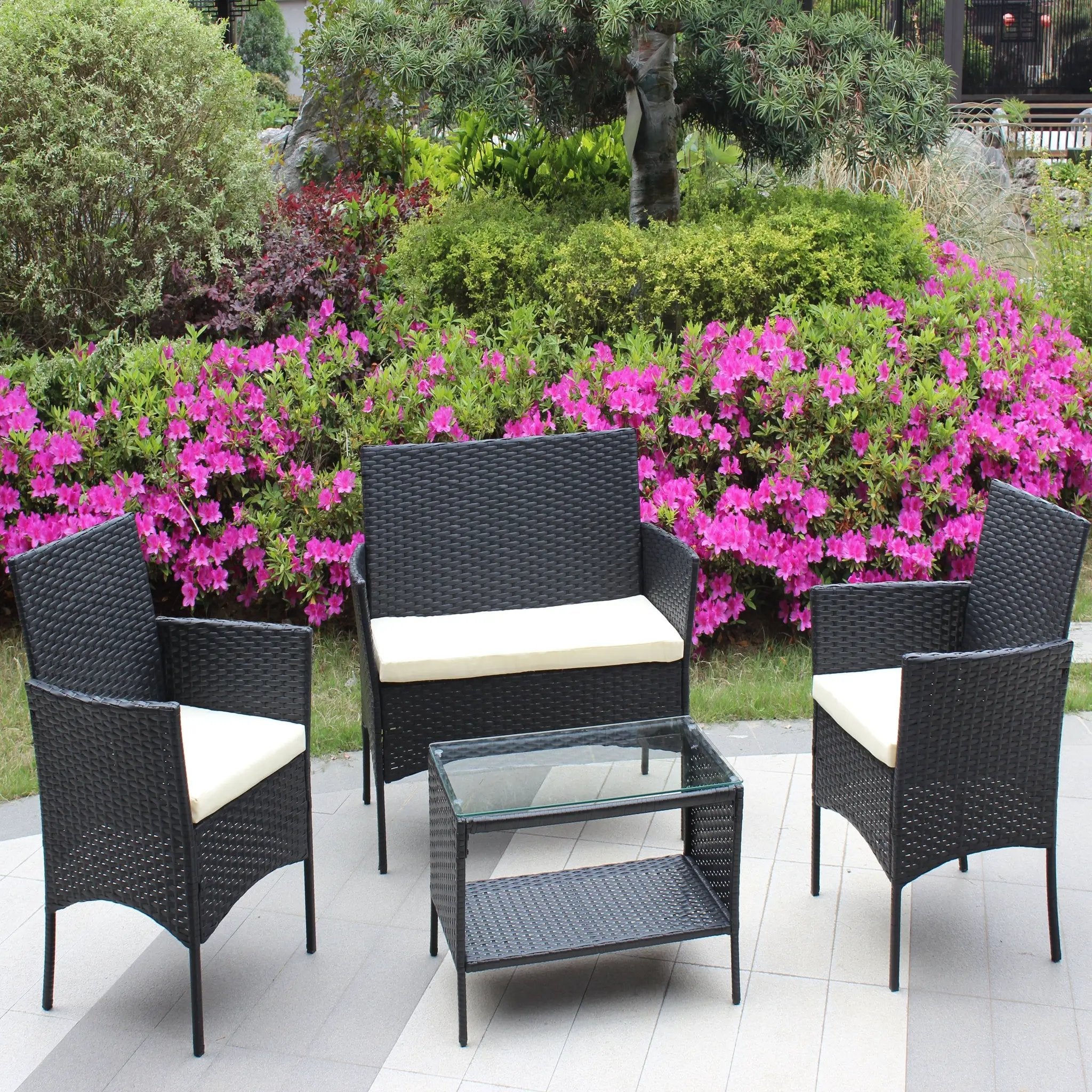 4 PC Rattan Patio Furniture Set Outdoor Cushioned Wicker Sofa by HouseOfZazla