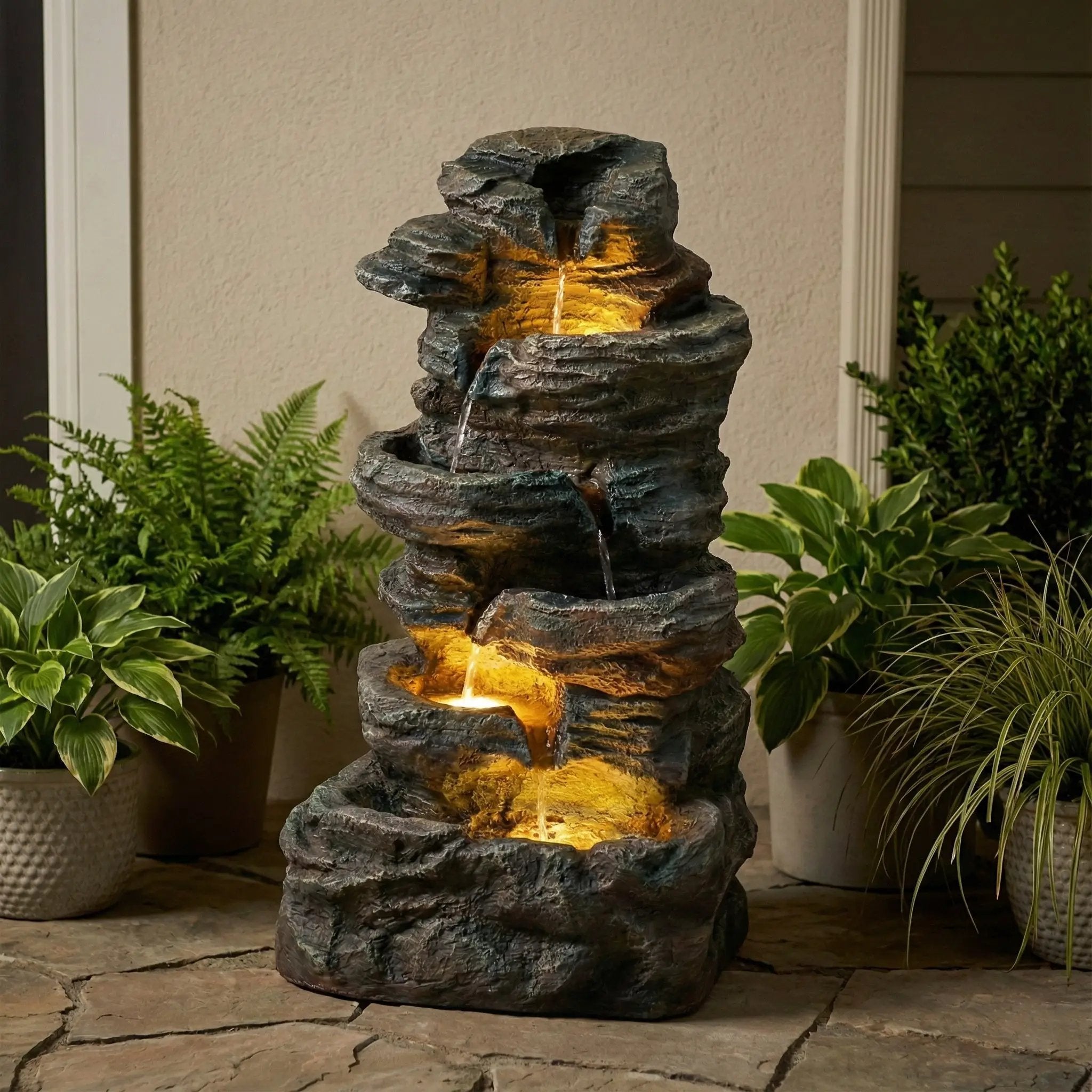6-Tier Outdoor Cascading Stone Water Fountain with 3 LED Lights by HouseOfZazla