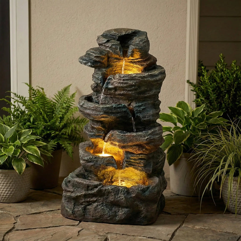 6-Tier Outdoor Cascading Stone Water Fountain with 3 LED Lights by HouseOfZazla