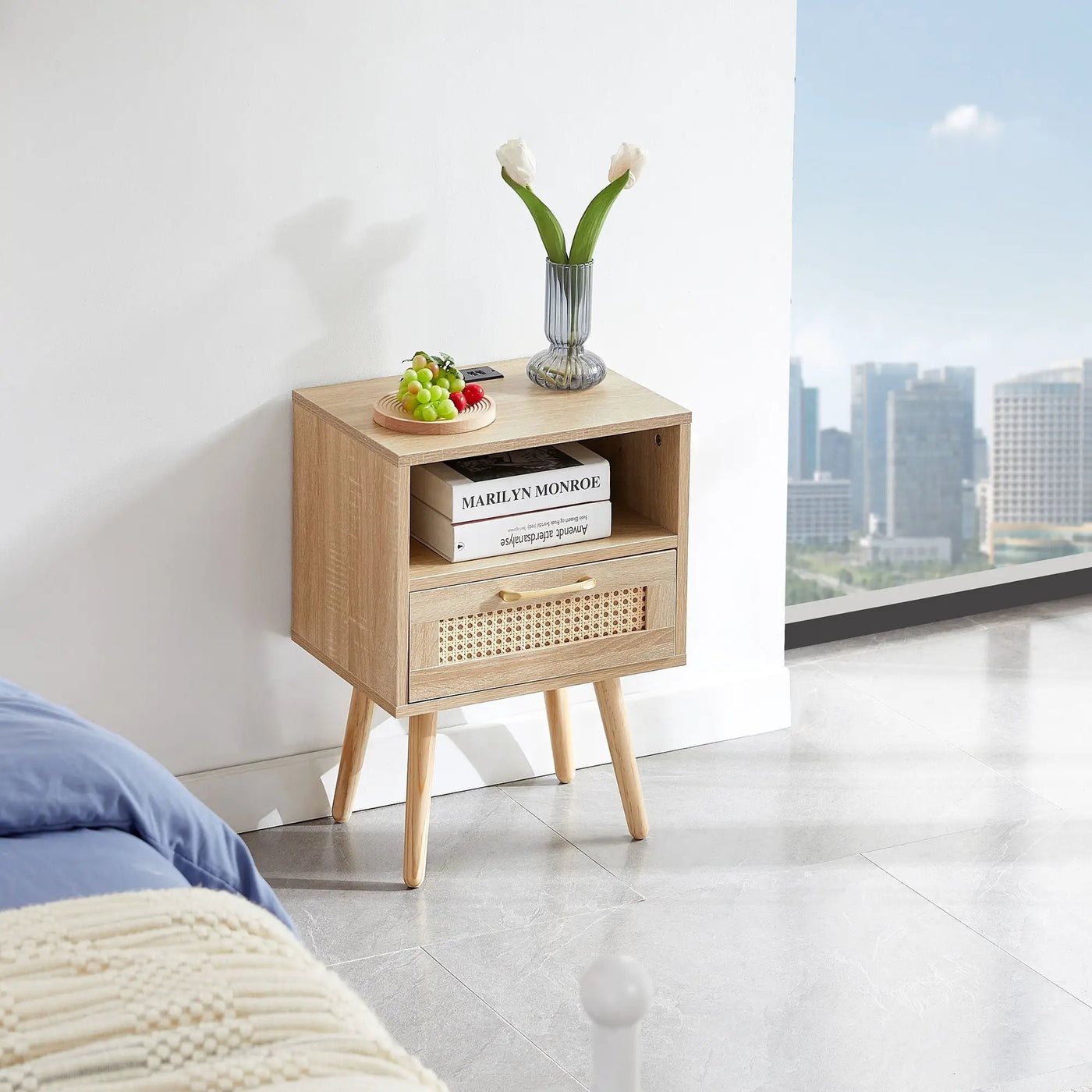 15.75" Rattan End Table With Power Outlet & USB Ports, Modern Nightstand With Drawer And Solid Wood Legs, Side Table For Living Room, Bedroom by HouseOfZazla